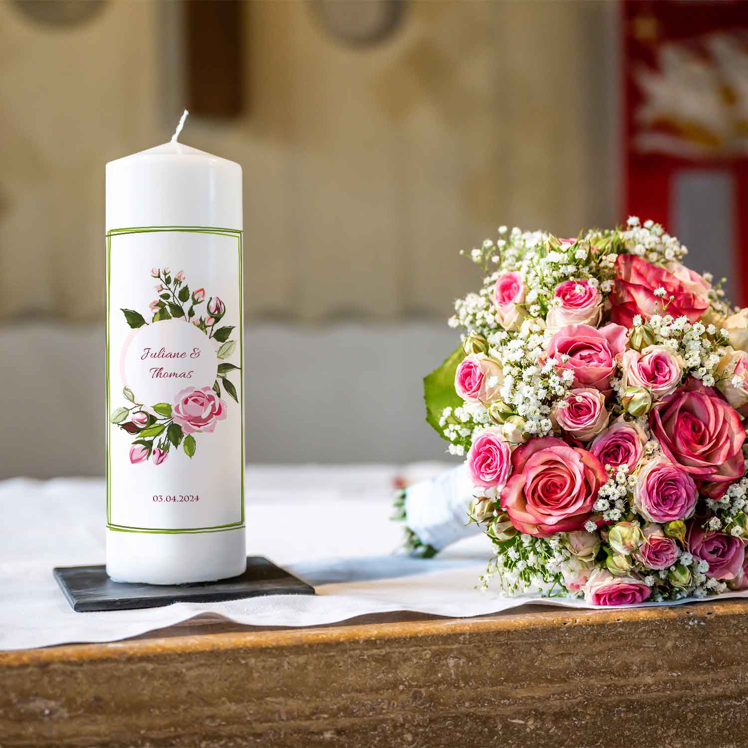 Große Kerze "Green Flower" - Hochzeitskerze mit Namen, Datum & Wunschtext