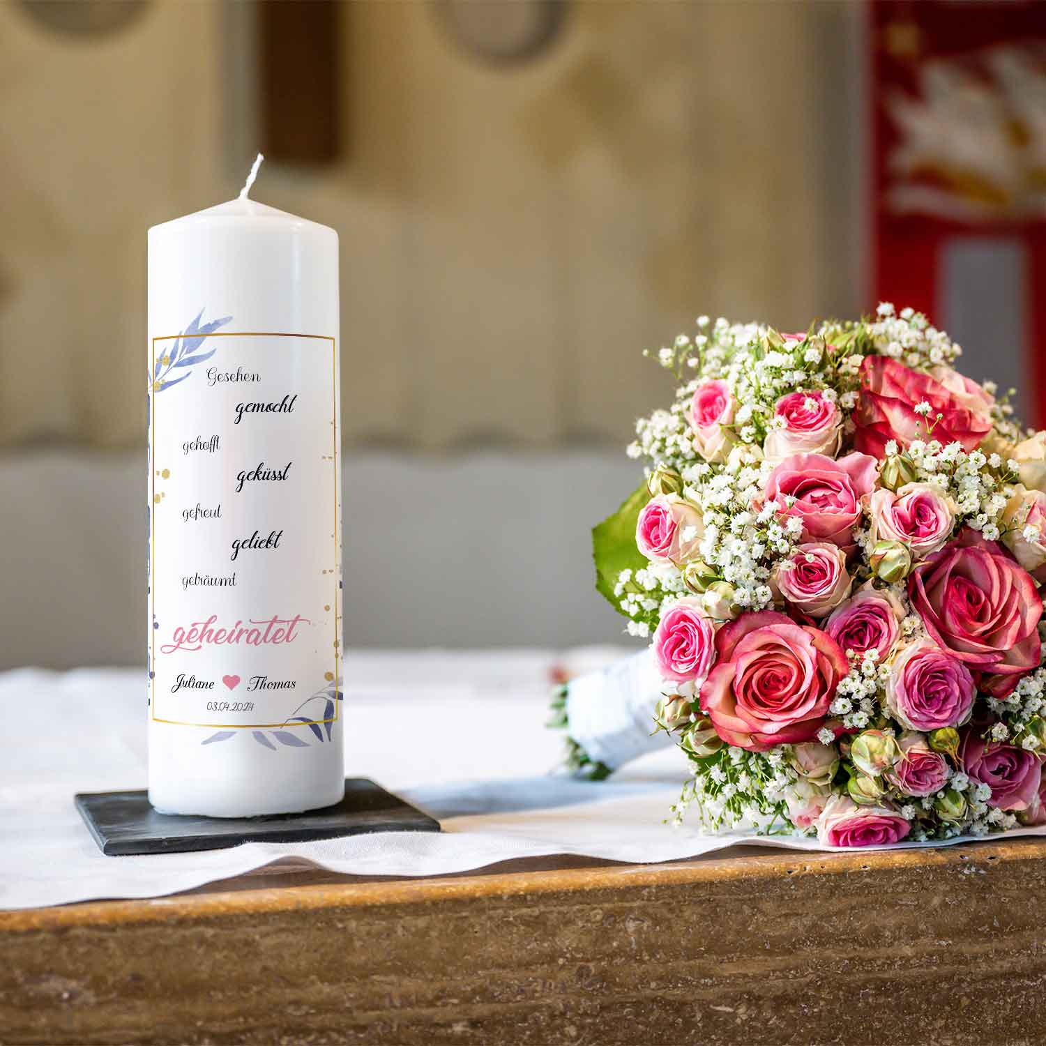 Große Kerze "Gesehen gemocht gehofft" Hochzeitskerze mit Namen, Datum und Wunschtext