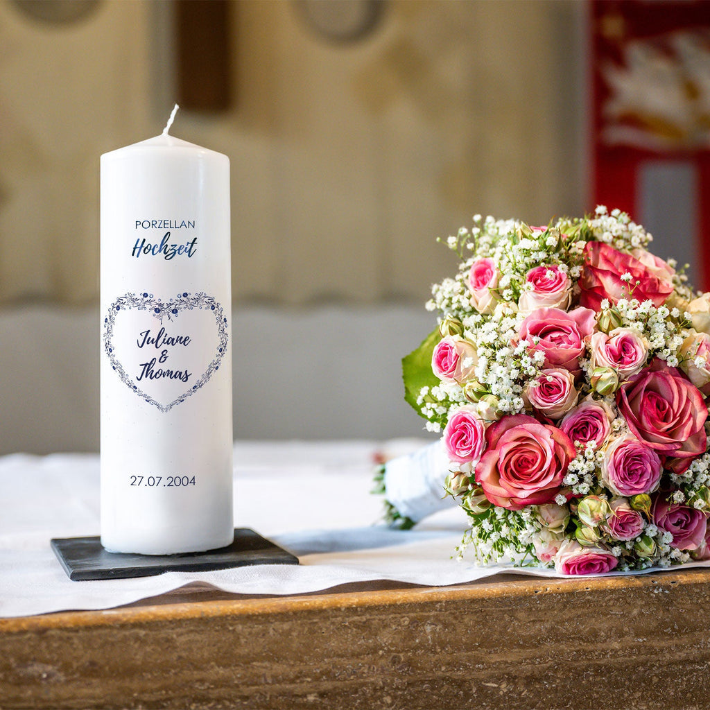 Große Kerze "Porzellanhochzeit" - Hochzeitskerze mit Namen, Datum & Wunschtext