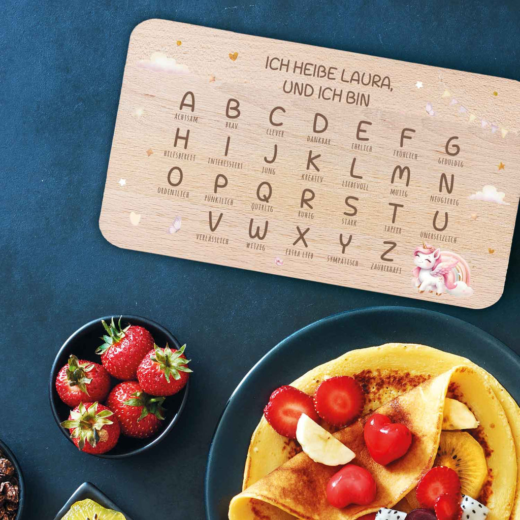 Frühstücksbrettchen mit Druckmotiv & Name - ABC Einhorn