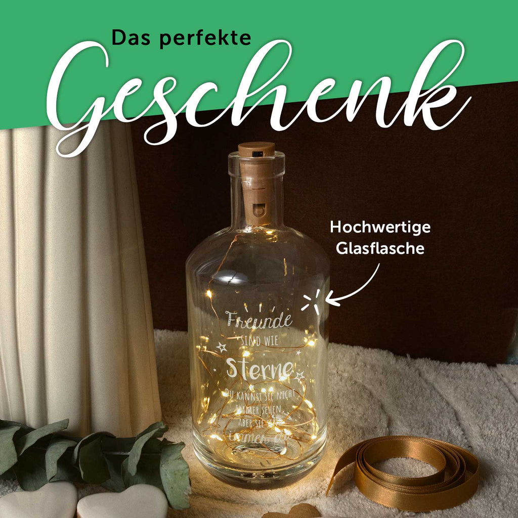 Flaschenlicht mit LED-Lichterkette und Gravur "Freunde sind wie Sterne"