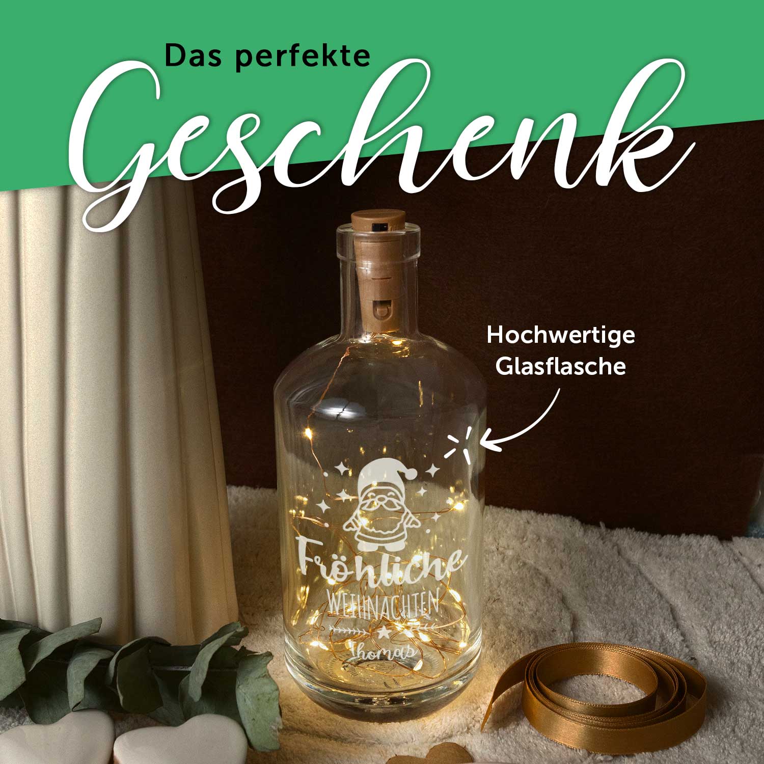 Flaschenlicht mit LED-Lichterkette im Fröhliche Weihnachten Santa Design - Personalisiert mit Namen