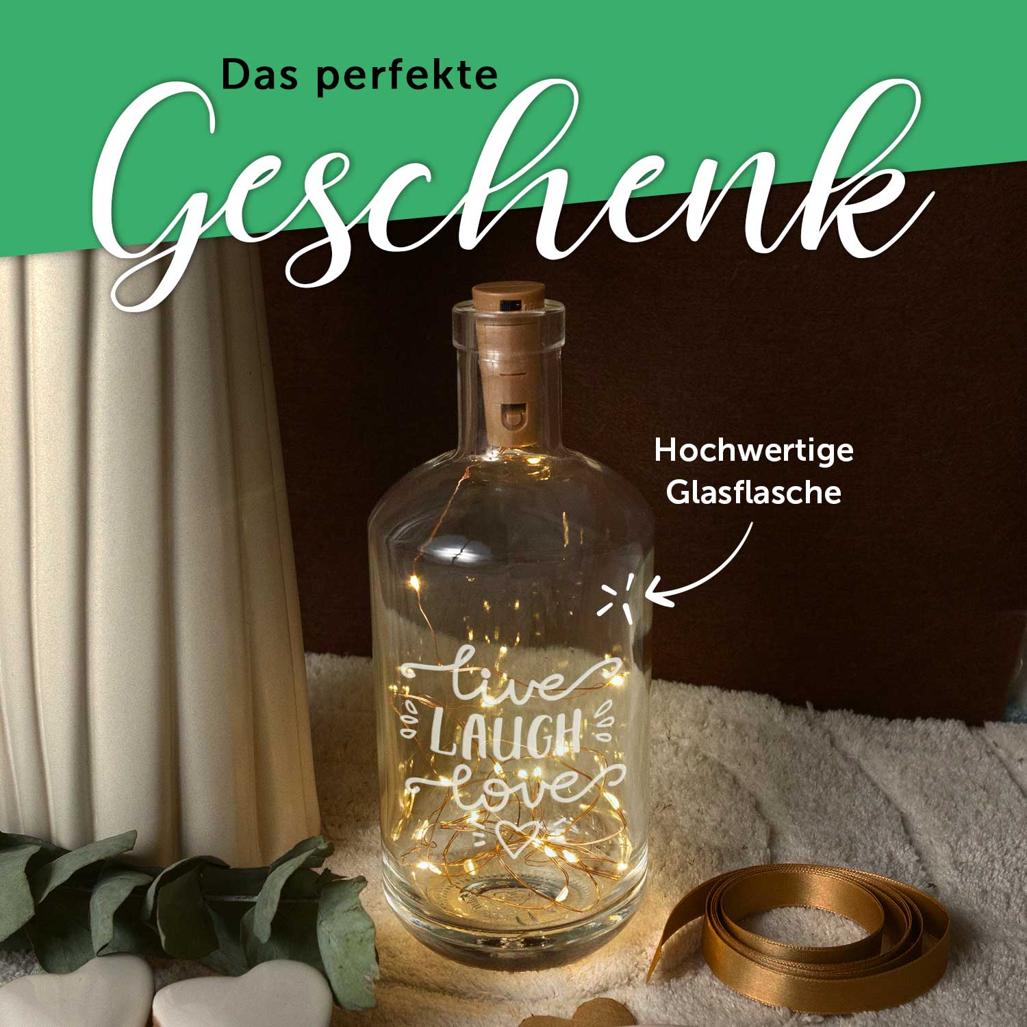 Flaschenlicht mit LED-Lichterkette und Gravur "Live Laugh Love"