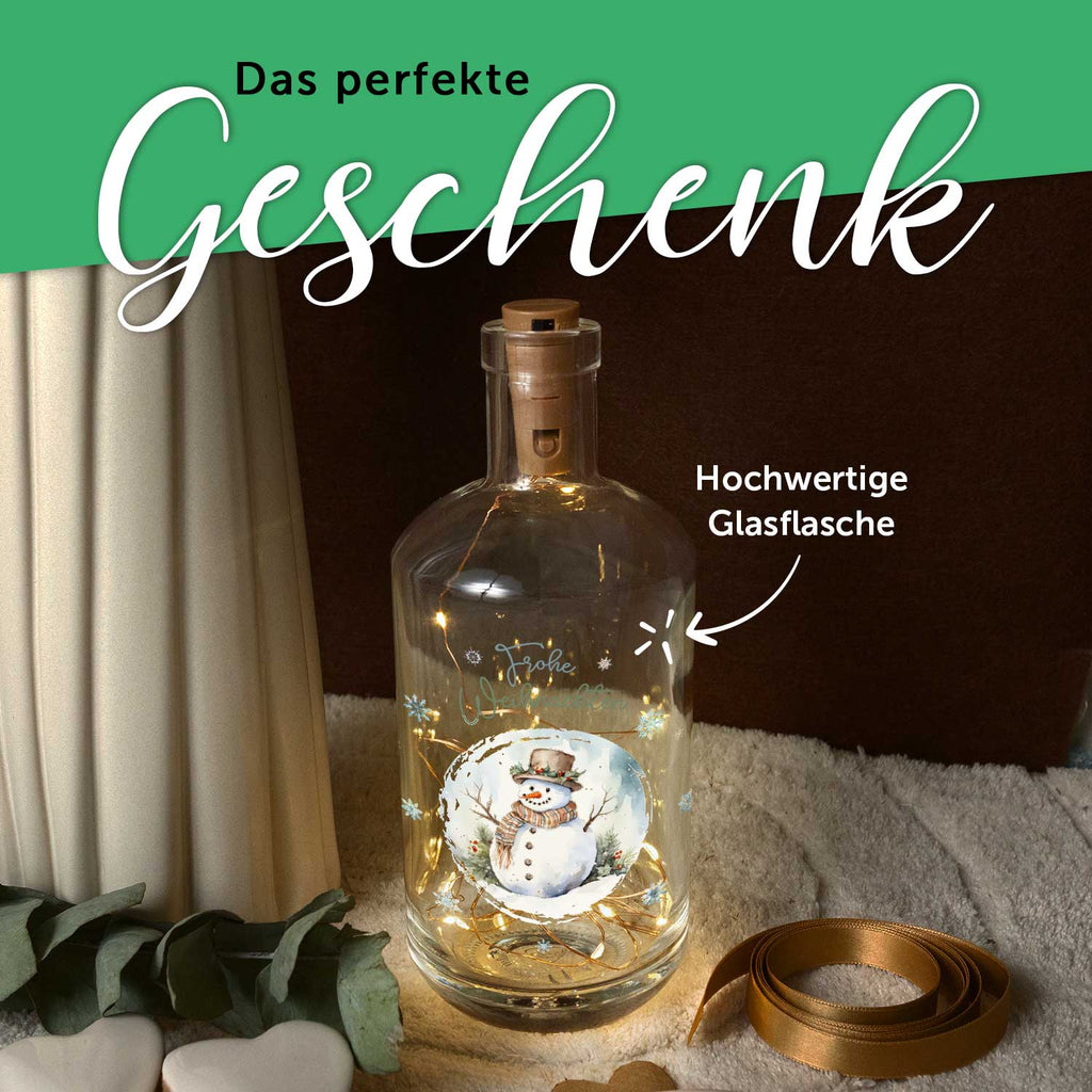 Flaschenlicht mit LED-Lichterkette und UV Druck - Schneemann Design - Weihnachtsdekoration