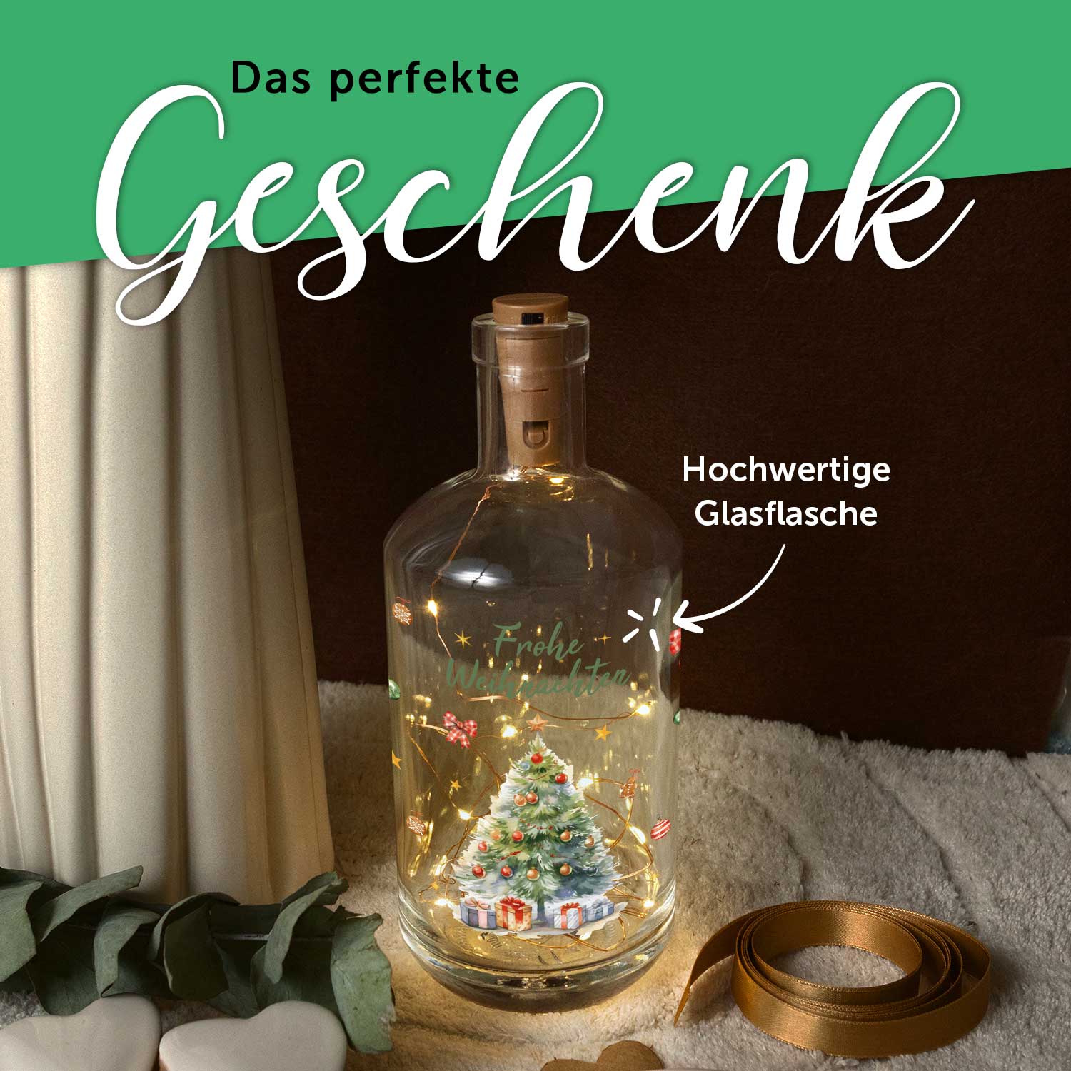 Flaschenlicht mit LED-Lichterkette und UV Druck - Weihnachtsbaum Design - Weihnachtsdekoration