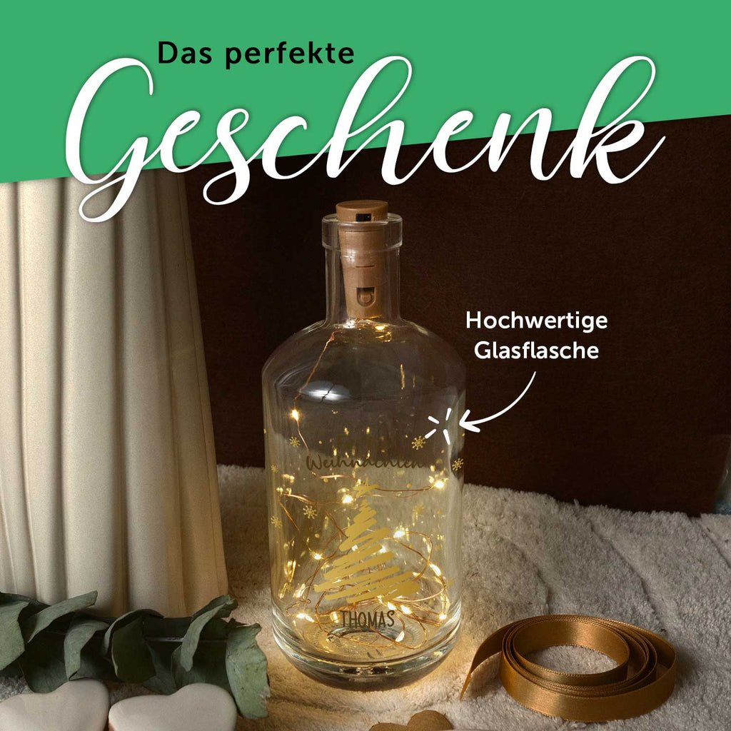 Flaschenlicht mit LED-Lichterkette und UV Druck - Weihnachtsbaum Gold Design - Personalisiert