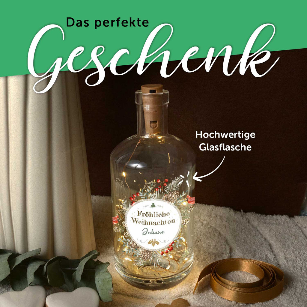 Flaschenlicht mit LED-Lichterkette und UV Druck - Weihnachtskreis Vögel Design - Personalisiert