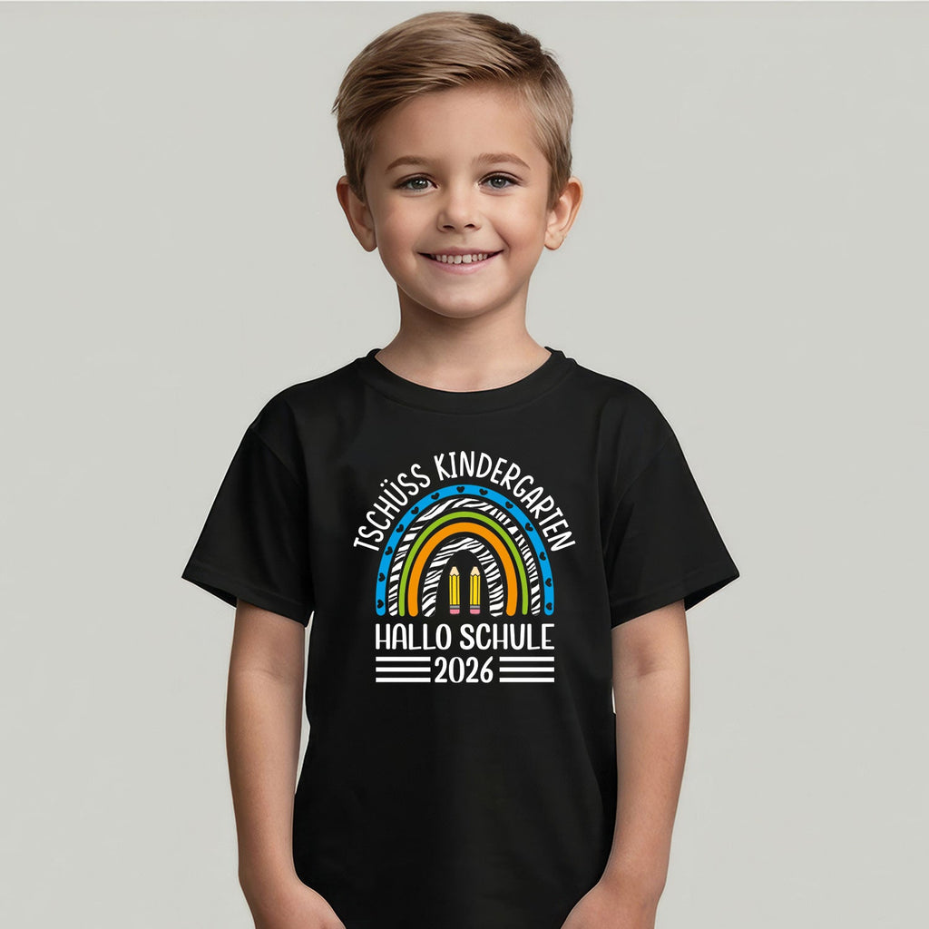 Bedrucktes T-Shirt für Kinder - Tschüss Kindergarten Regenbogen Blau