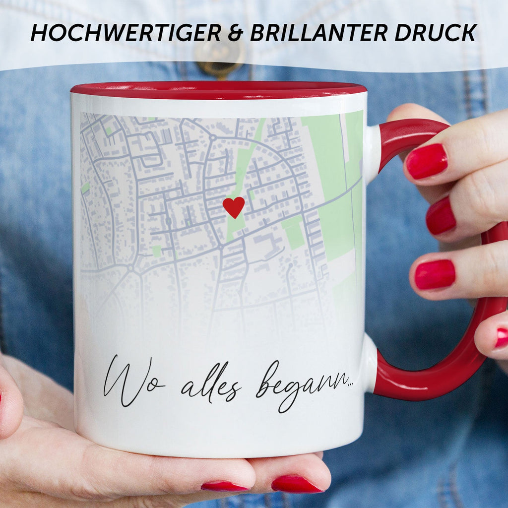 Bedruckte Tasse mit "Wo alles begann" Motiv - Personalisiertes Geschenk mit Wunschkoordinaten