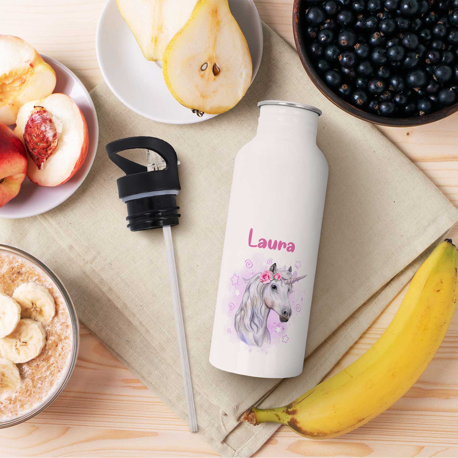 Bedruckte Trinkflasche aus Edelstahl - Einhorn