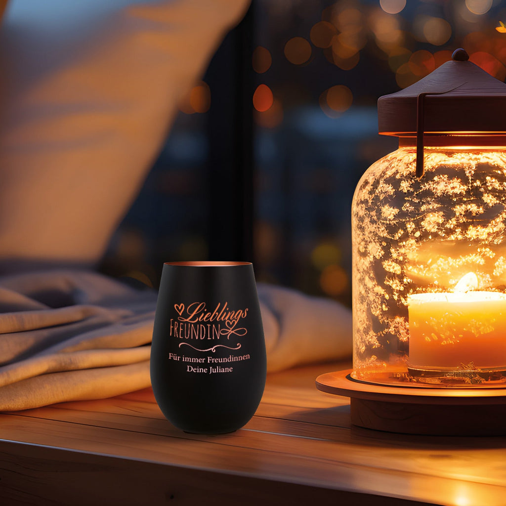 Deko Windlicht aus Glas mit Gravur - Lieblings Freundin - Personalisiert mit Namen