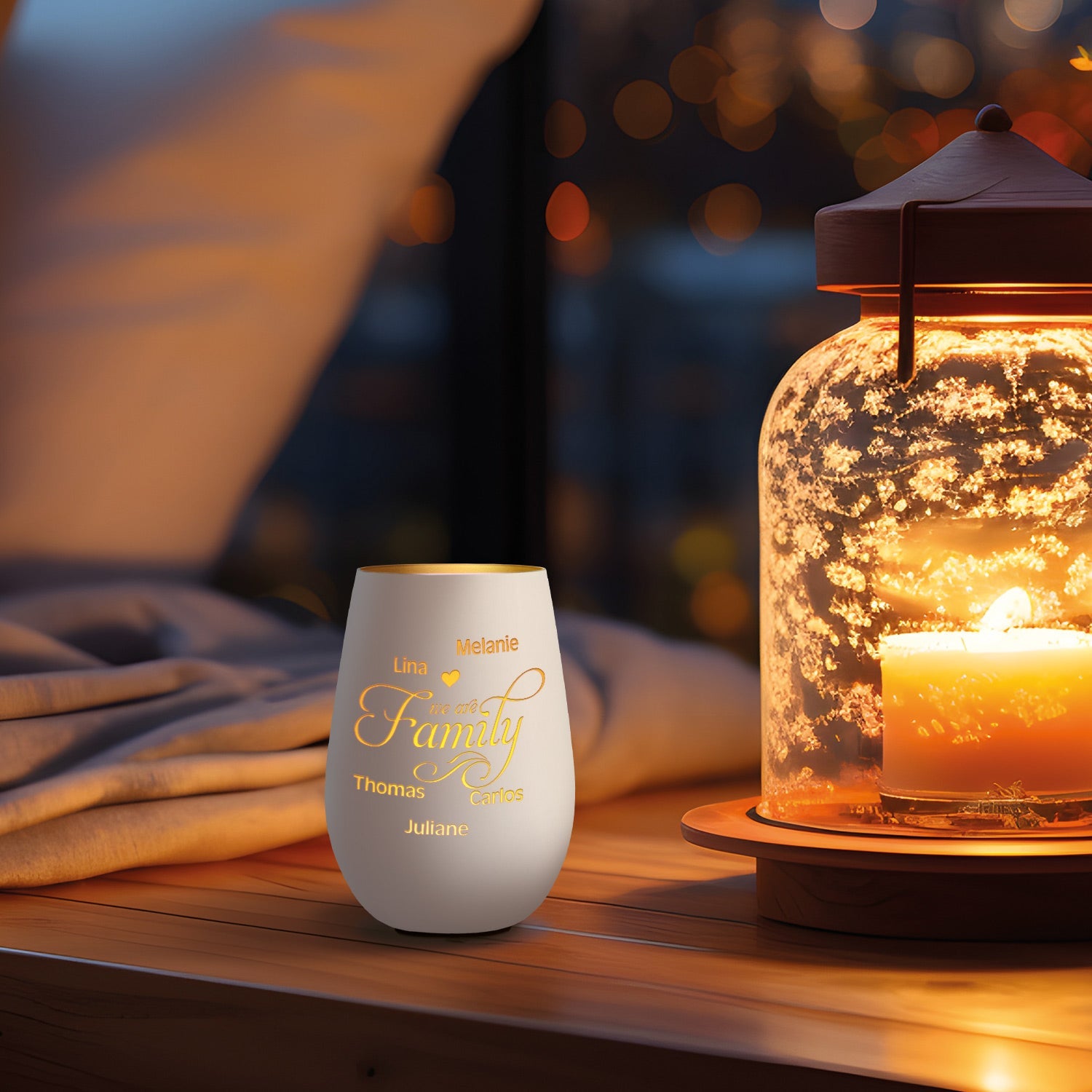 Deko Windlicht aus Glas mit Gravur - We are Family - Personalisiert mit bis zu fünf Namen