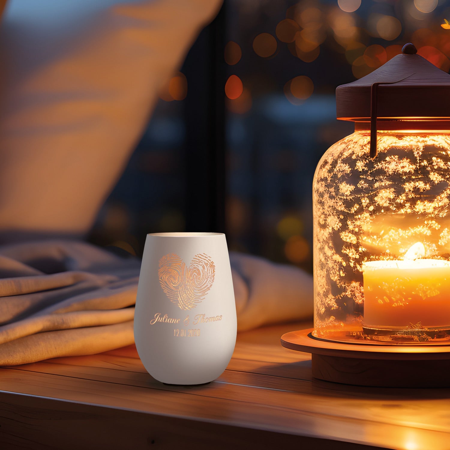 Deko Windlicht aus Glas mit Gravur - Herz Fingerabdruck - Personalisiert mit Namen & Datum