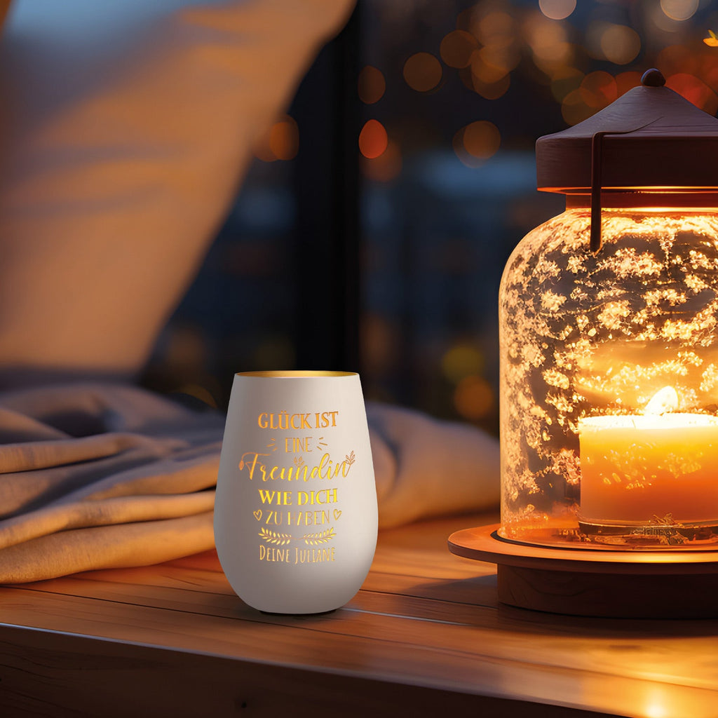 Deko Windlicht aus Glas mit Gravur - Glück ist eine Freundin wie Dich zu haben - Personalisiert mit