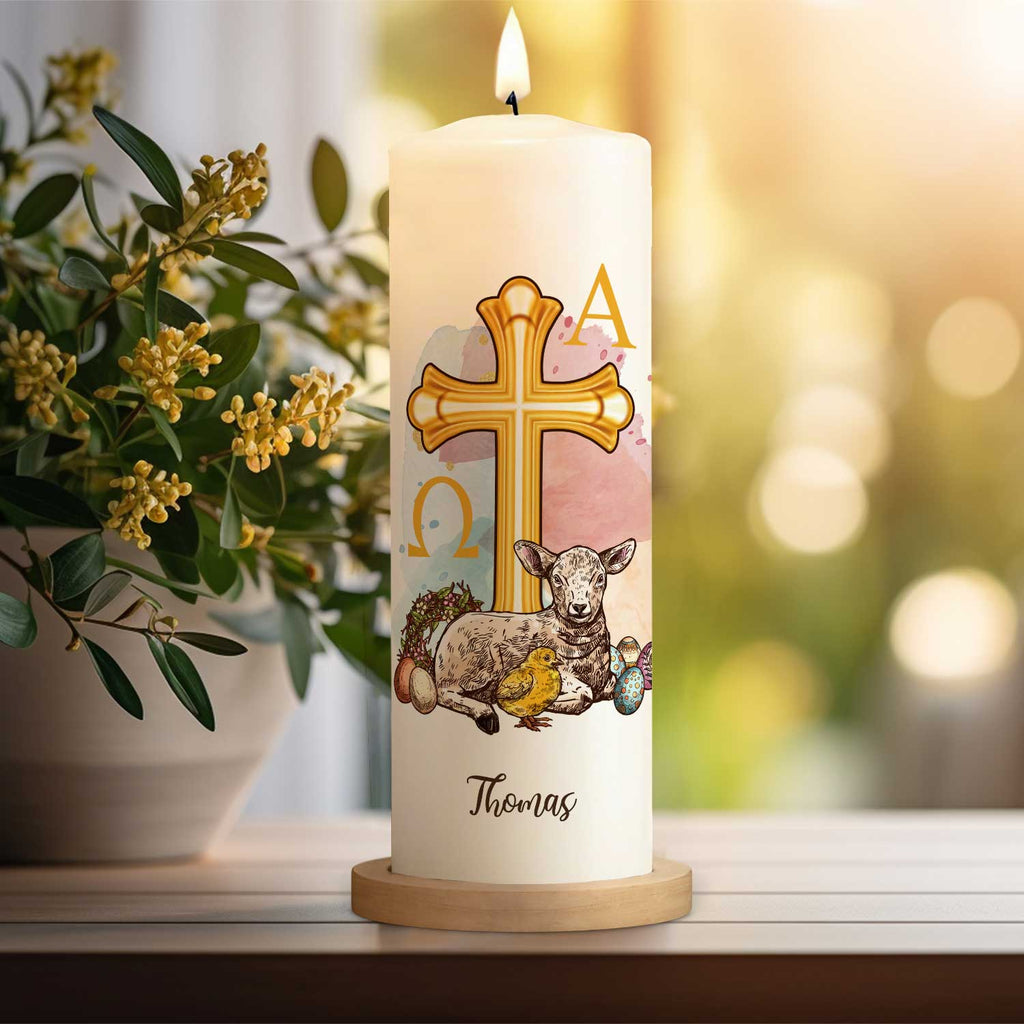 Große Kerze "Osterlamm" mit Namen zu Ostern