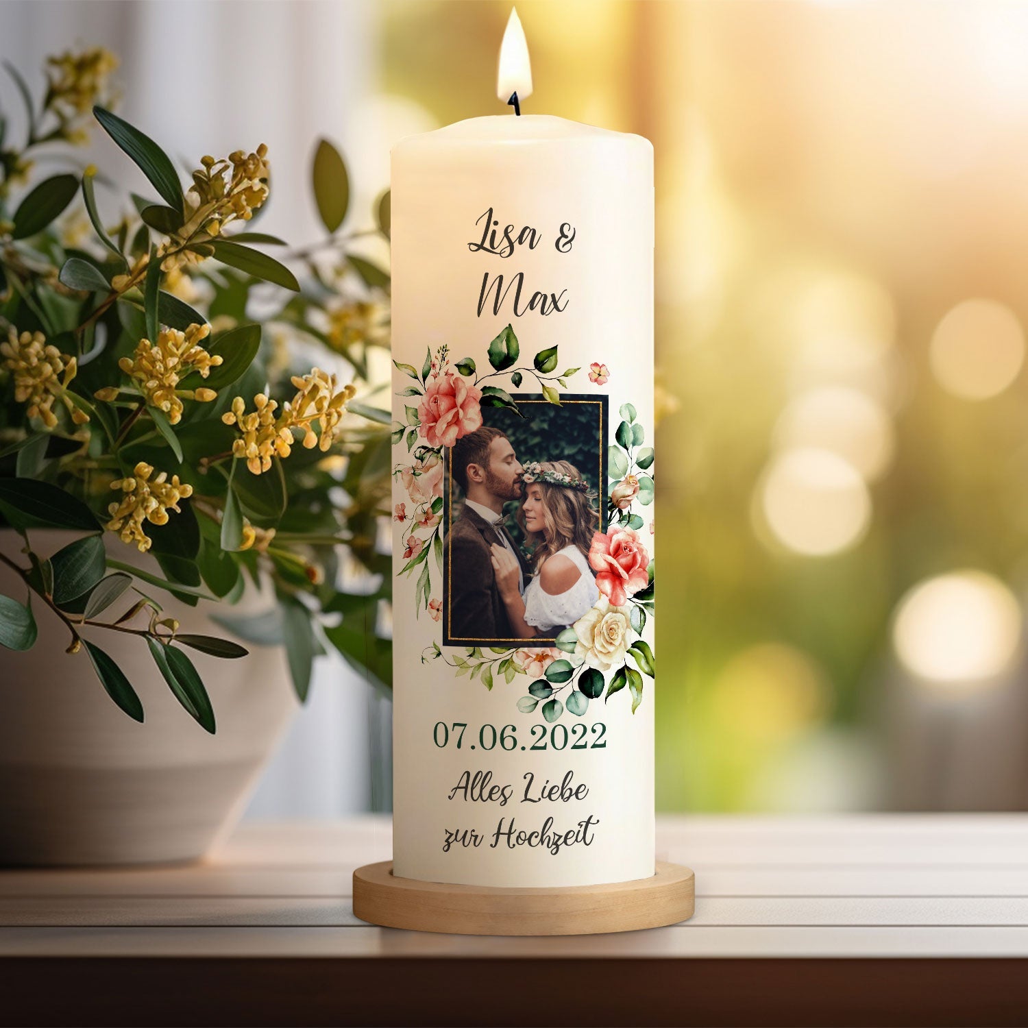 Große Kerze - "Hochzeitsfoto" - Hochzeitskerze mit Foto, Namen, Datum & Wunschtext