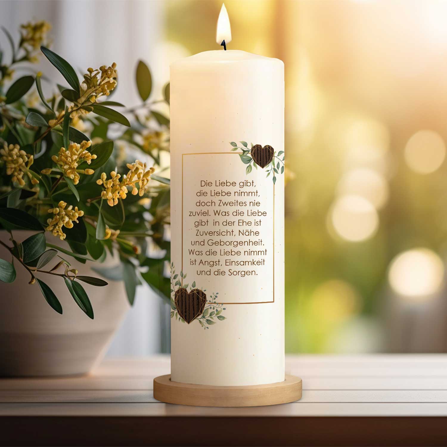 Große Kerze "Hölzerne Hochzeit" - Hochzeitskerze mit Namen, Datum & Wunschtext