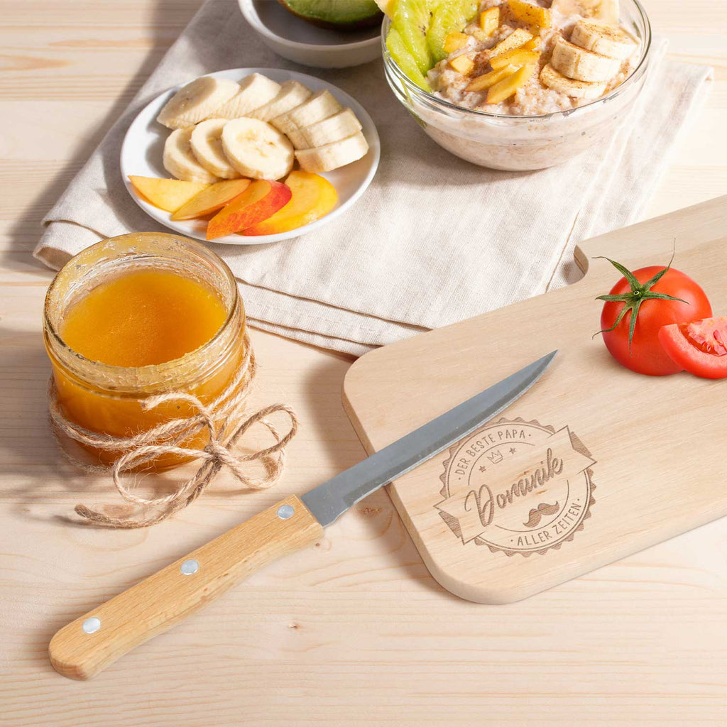 Frühstücksbrettchen mit Gravur - Inklusive Messer - Bester Papa Logo mit Name