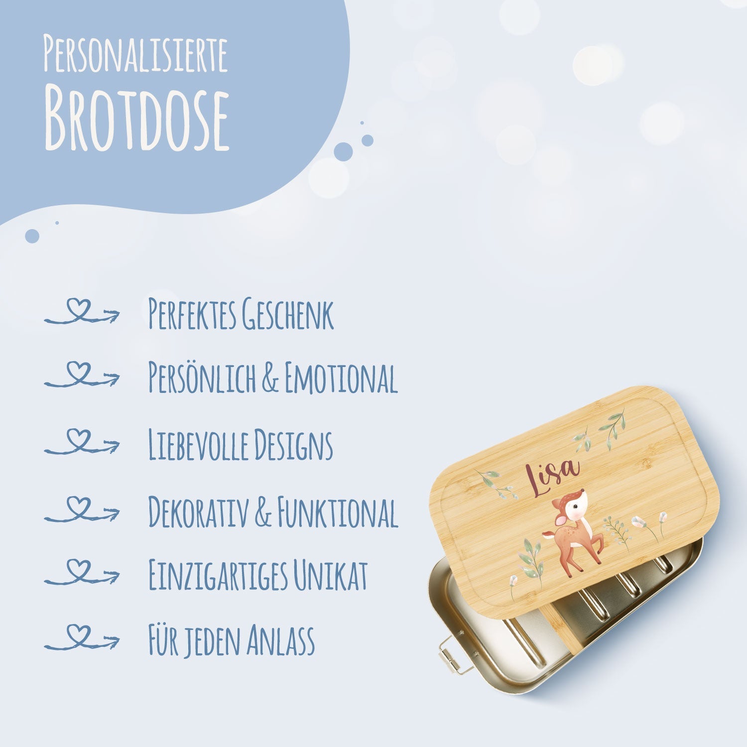 Brotdose mit Deckel für Kinder mit UV-Druck im "Reh" Design