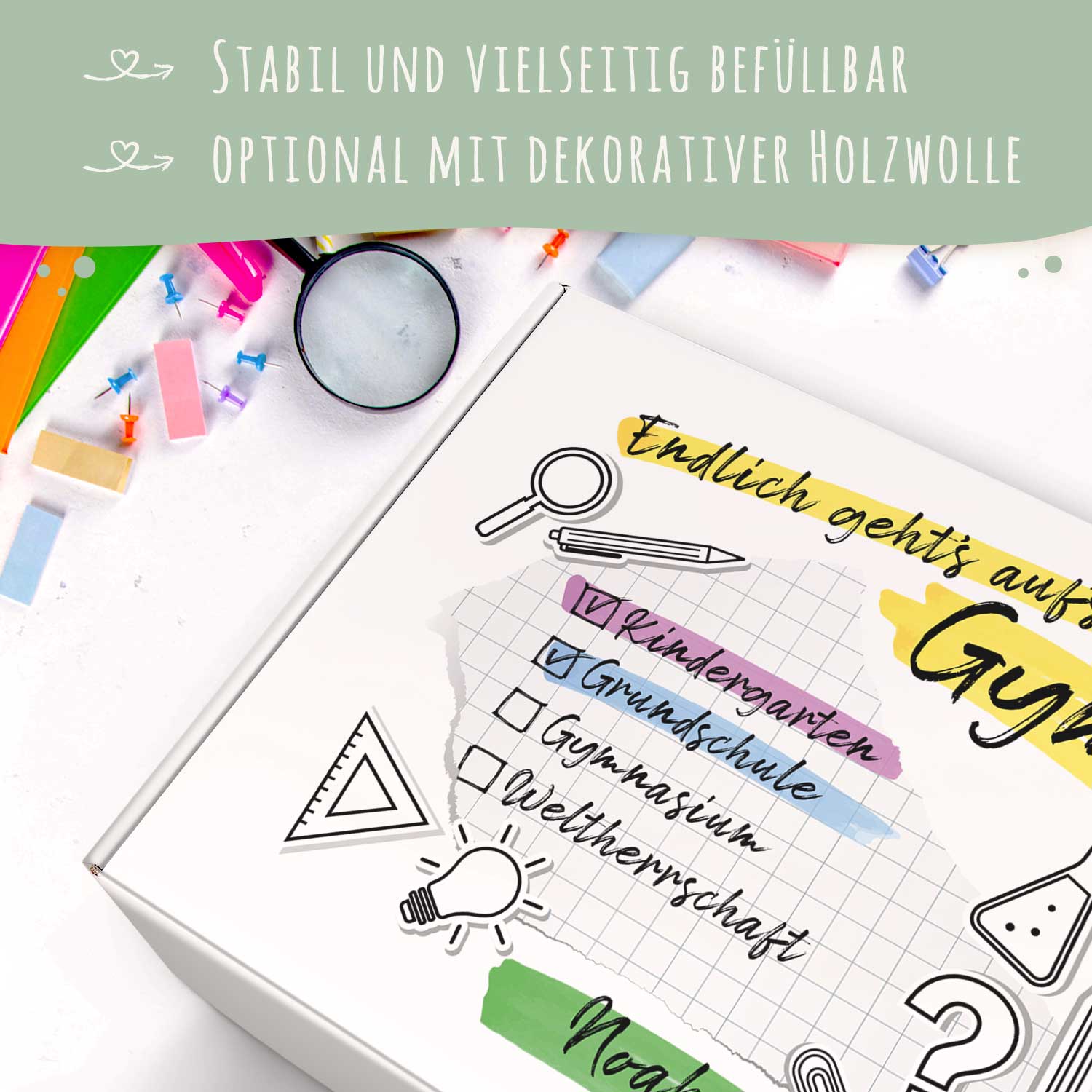 Personalisierte Geschenkbox - Endlich gehts aufs Gymi - Einschulung