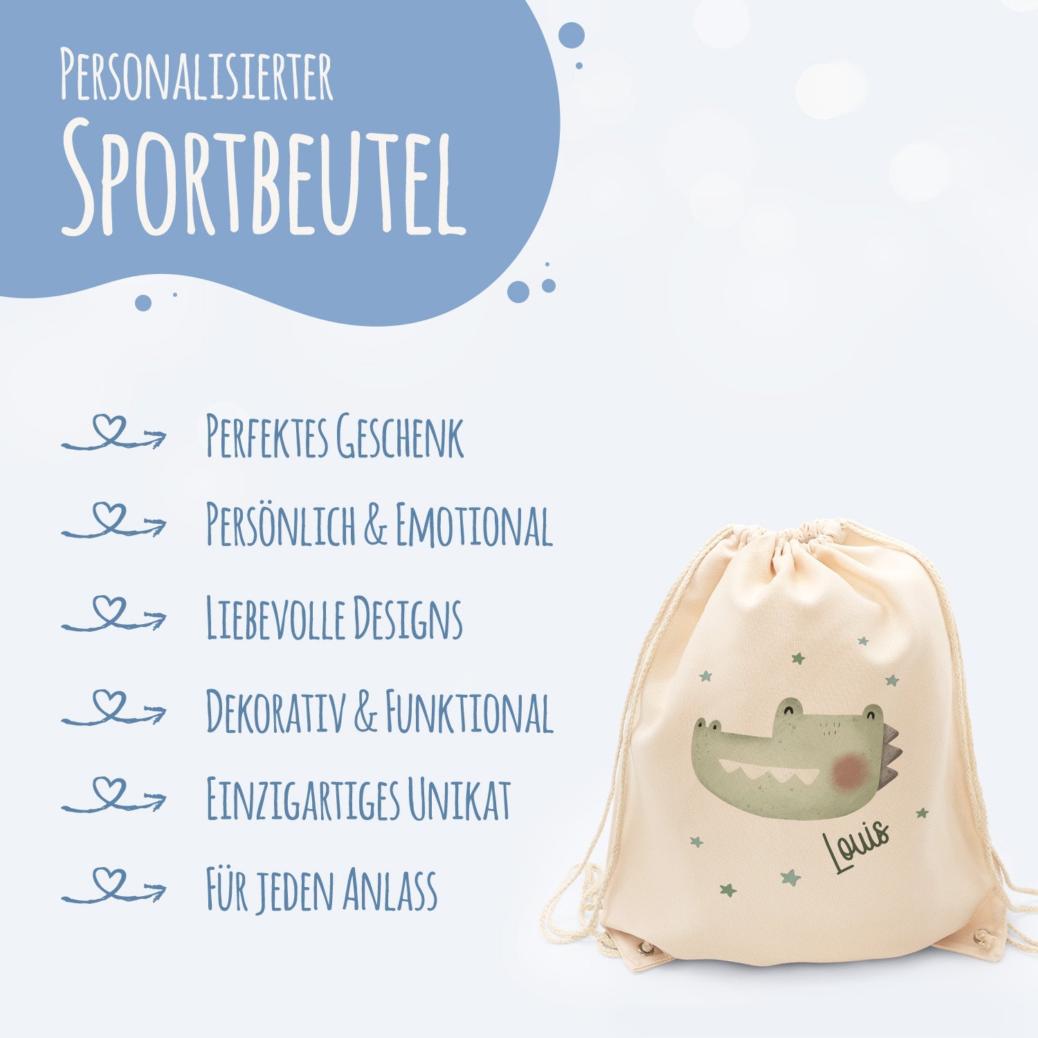 Turnbeutel mit Kindermotiv  - Tierköpfe - für Kinder
