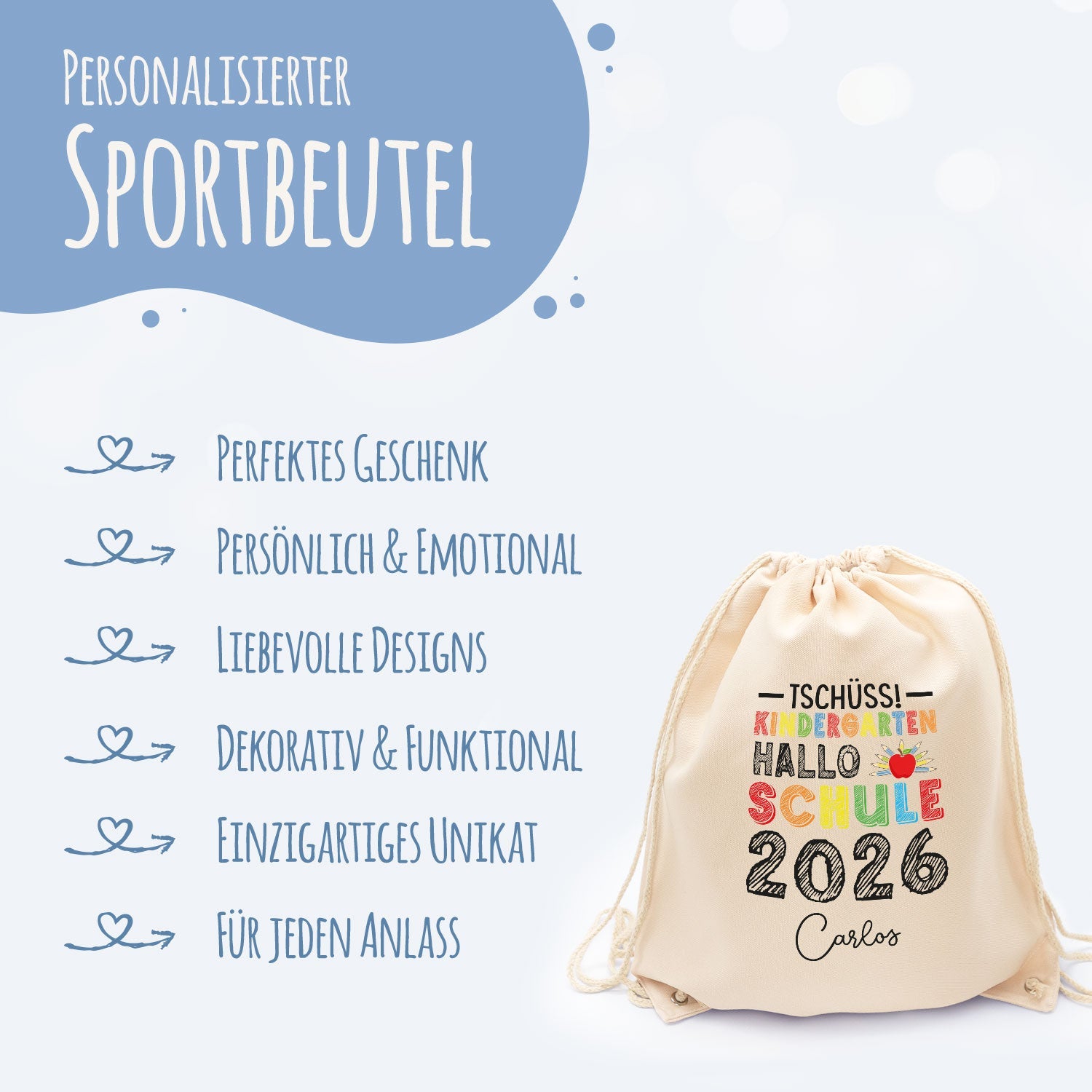 Turnbeutel für Kinder - Tschüss Kindergarten Hallo Schule - zur Einschulung