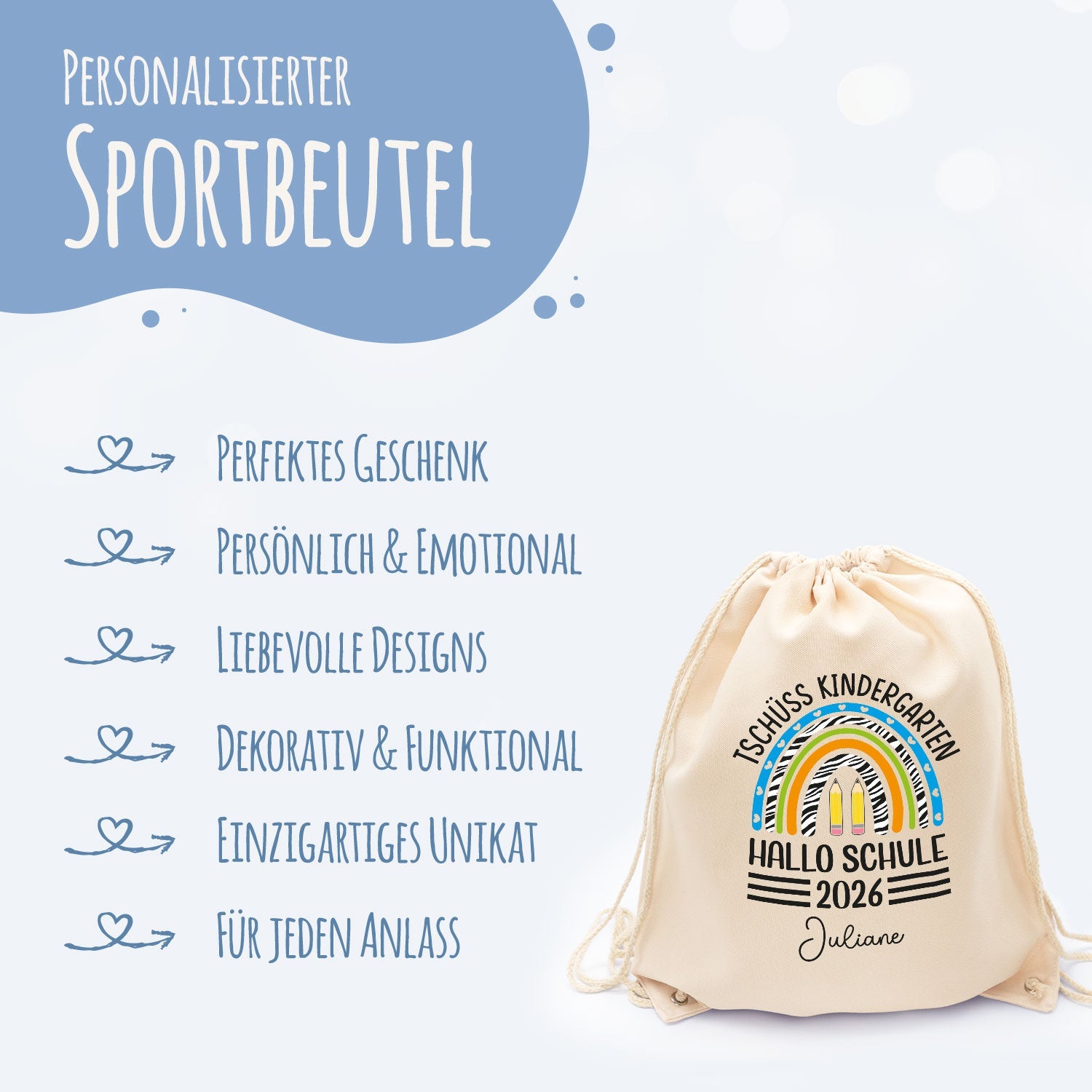 Turnbeutel für Kinder - Tschüss Kindergarten Regenbogen - zur Einschulung
