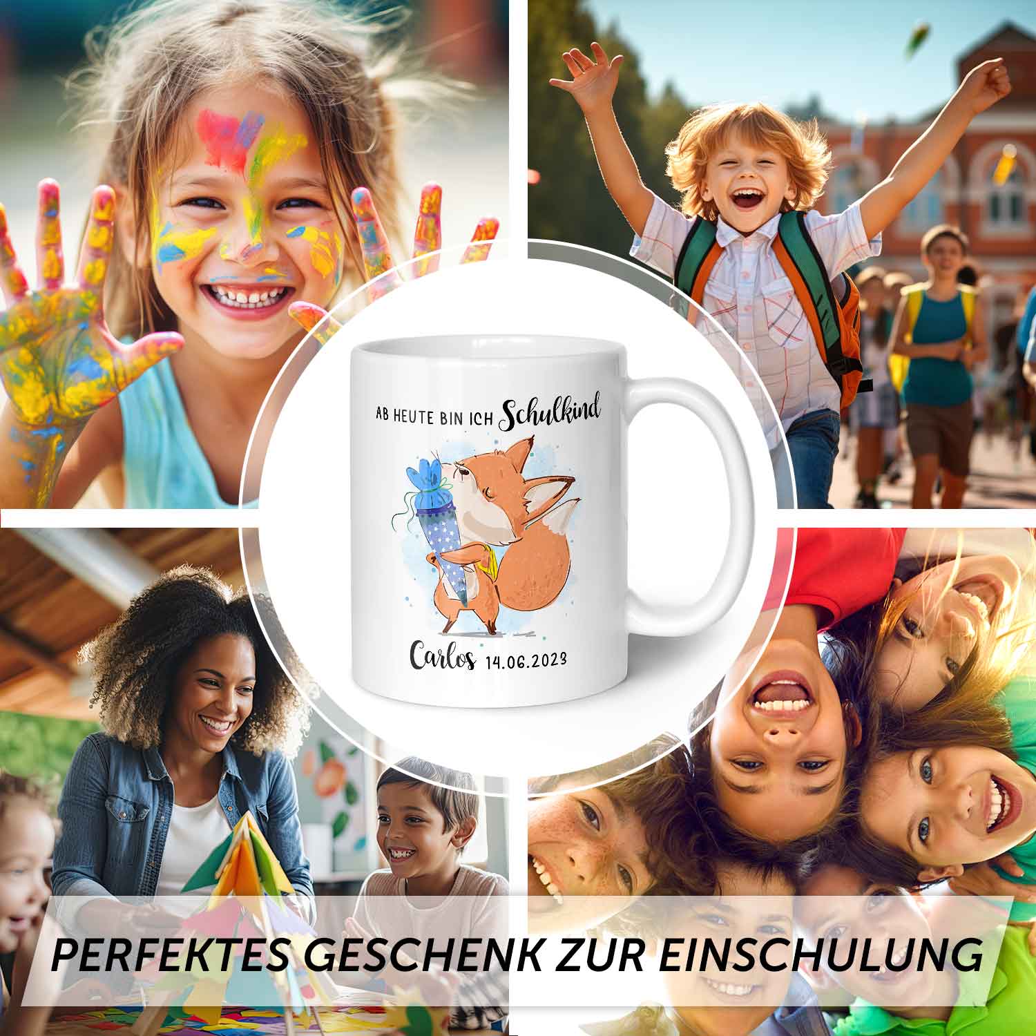 Bedruckte Tasse mit Spruch "Schulkind" - personalisiert mit Name und Datum