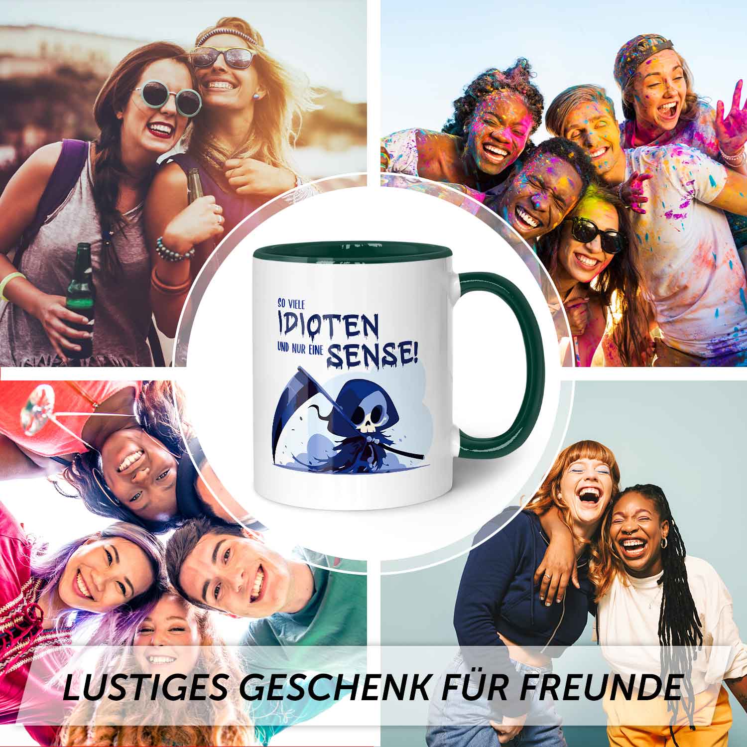 Bedruckte Tasse mit Spruch in blau - So viele Idioten und nur eine Sense