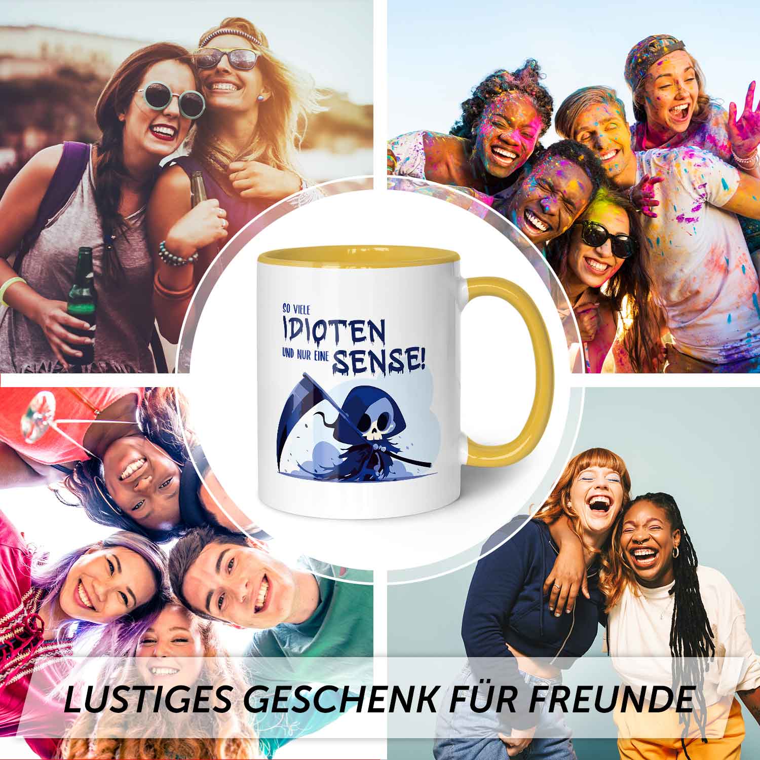 Bedruckte Tasse mit Spruch in blau - So viele Idioten und nur eine Sense