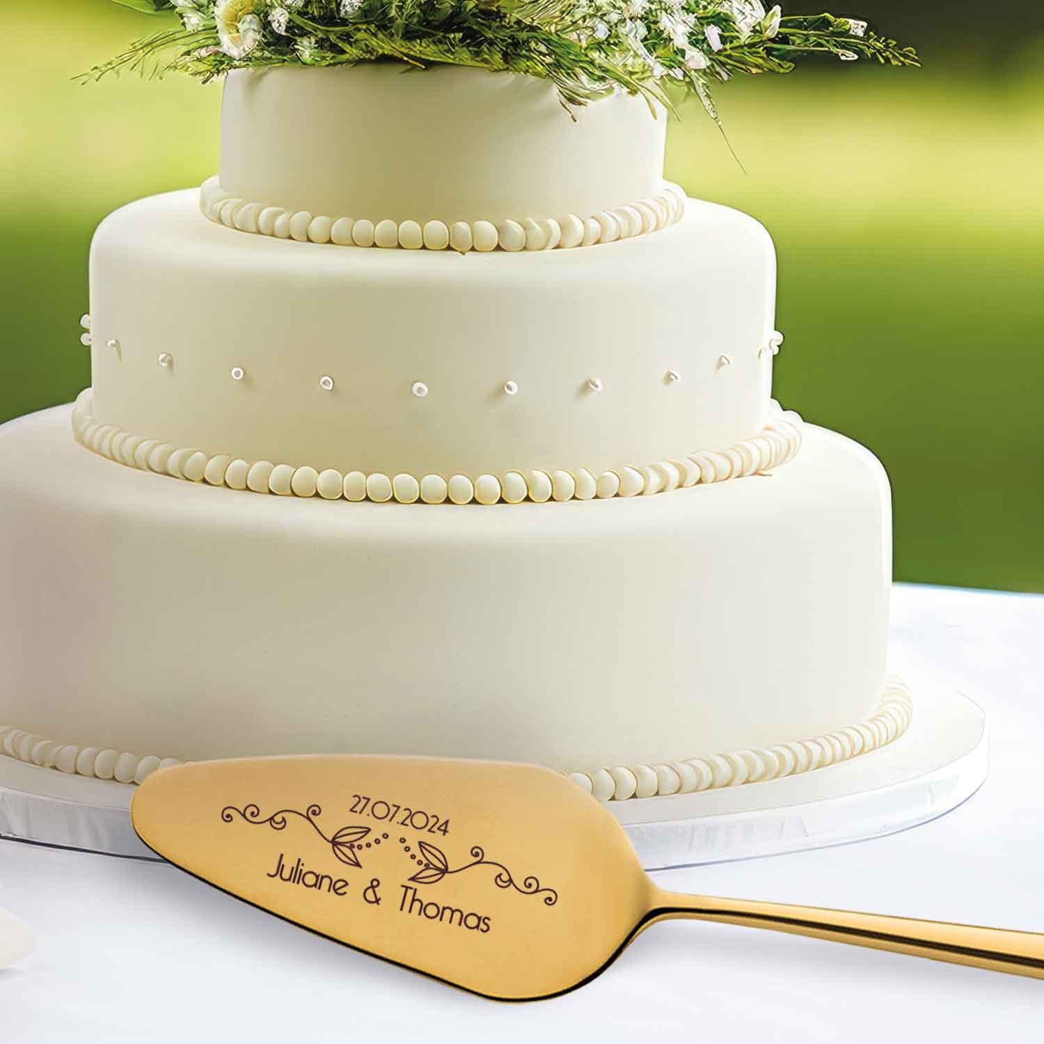 Tortenbesteck im Set - Blumenranke - Mit persönlicher Gravur als Geschenk zur Hochzeit