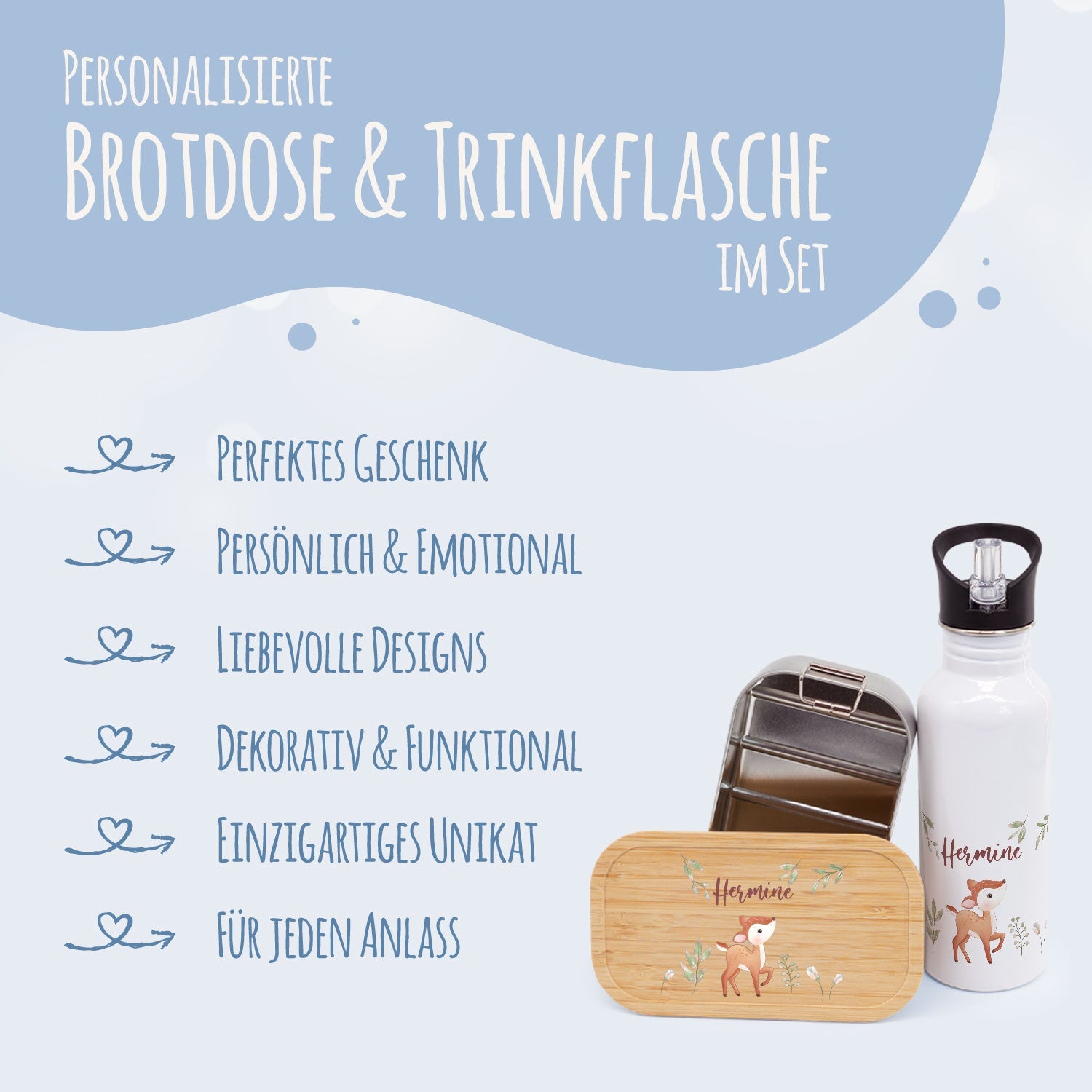 Bedruckte Brotdose & Trinkflasche im Set - Reh