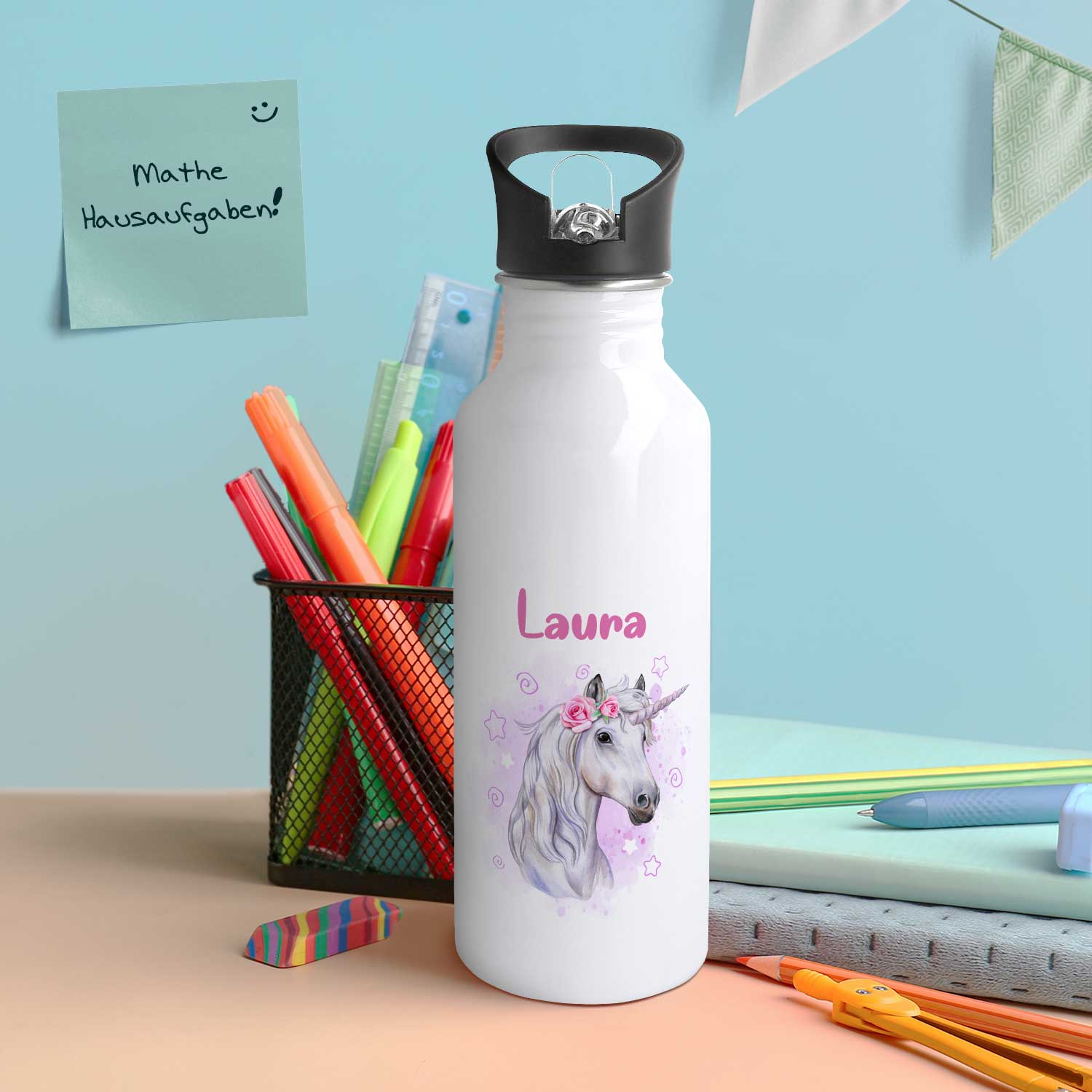 Bedruckte Trinkflasche aus Edelstahl - Einhorn