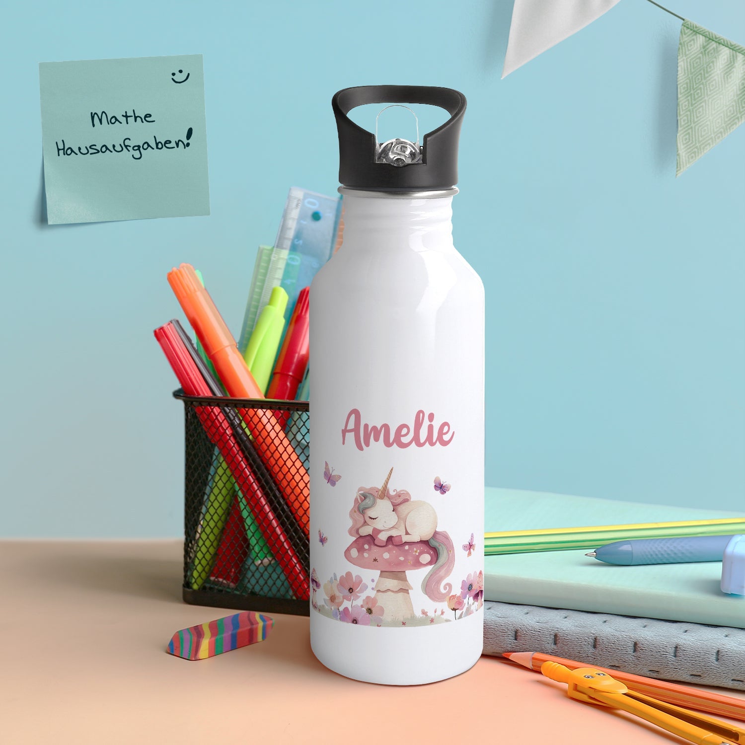 Bedruckte Trinkflasche aus Edelstahl - Schlafendes Einhorn