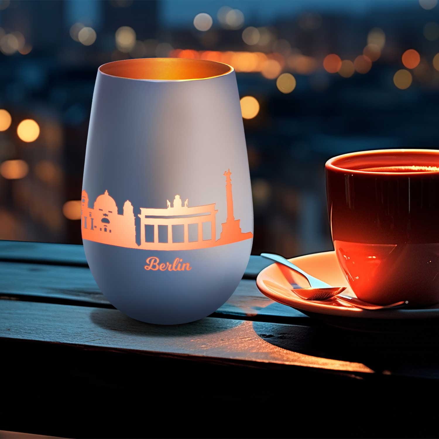 Deko Windlicht aus Glas mit Gravur - Skyline Berlin