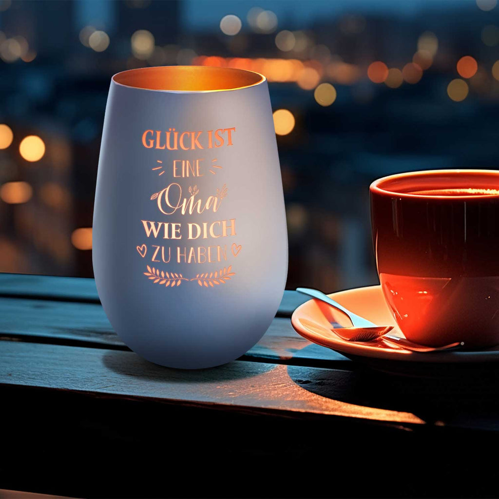 Deko Windlicht aus Glas mit Gravur - Glück ist eine Oma wie Dich zu haben - Ideal für Teelicht