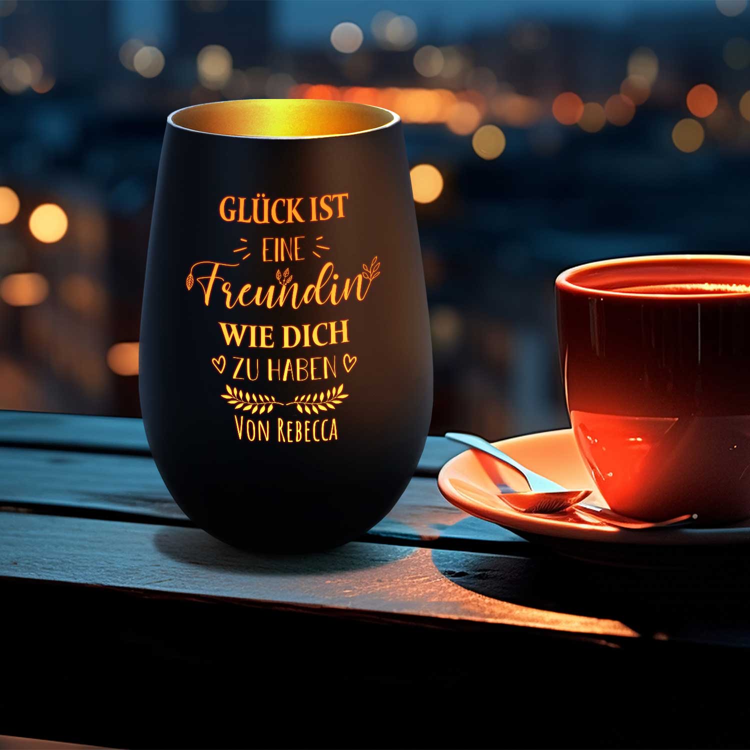 Deko Windlicht aus Glas mit Gravur - Glück ist eine Freundin wie Dich zu haben - Personalisiert mit