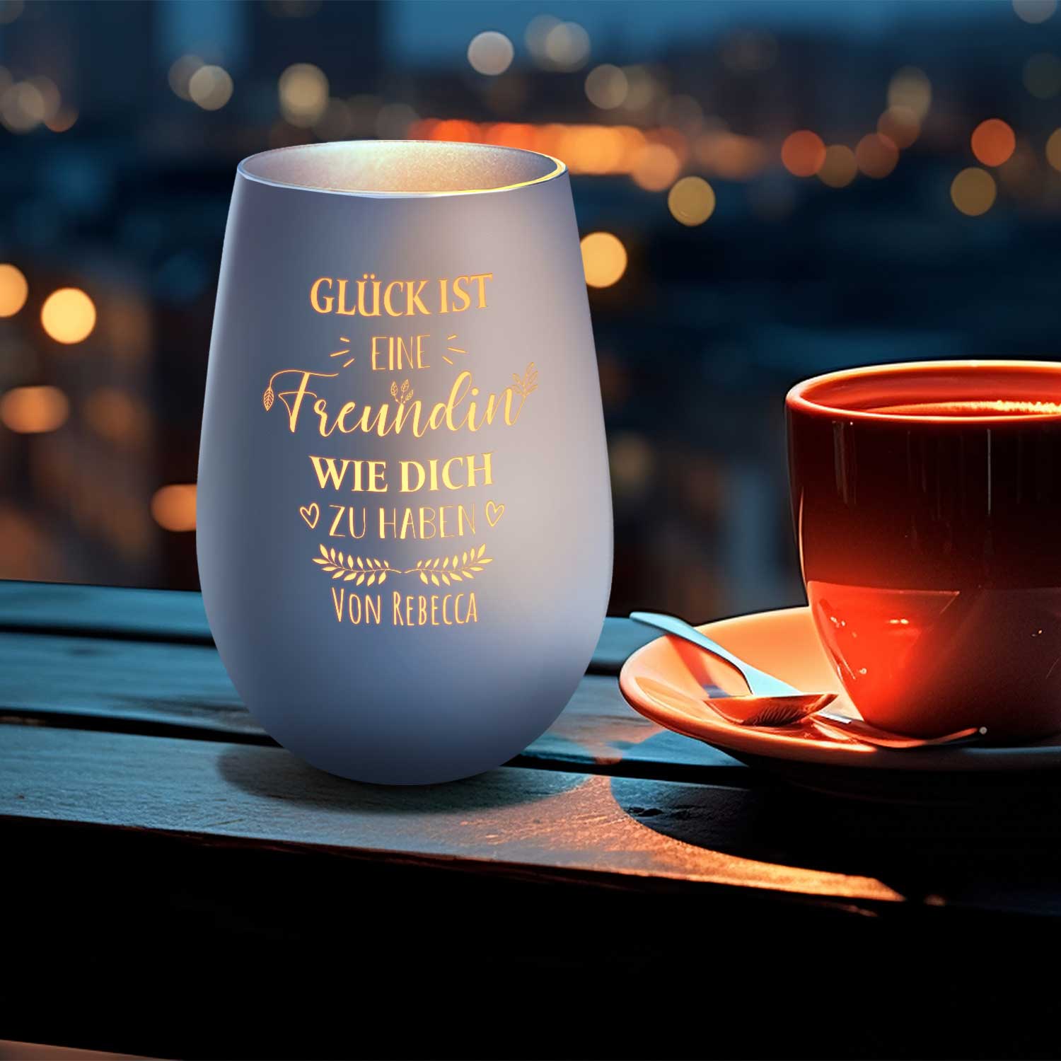 Deko Windlicht aus Glas mit Gravur - Glück ist eine Freundin wie Dich zu haben - Personalisiert mit