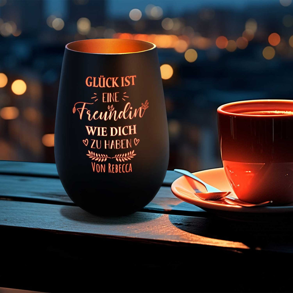 Deko Windlicht aus Glas mit Gravur - Glück ist eine Freundin wie Dich zu haben - Personalisiert mit