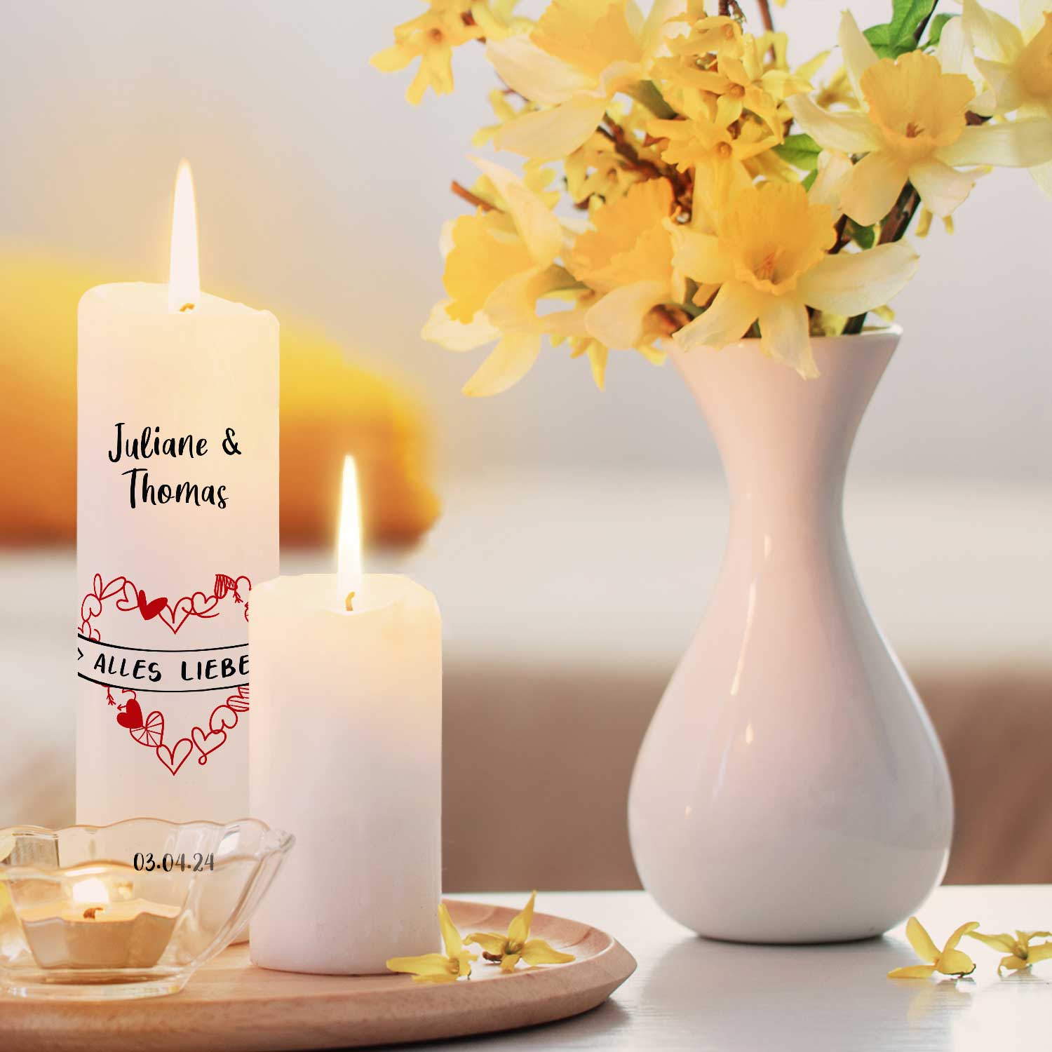 Große Kerze "Alles Liebe" - Hochzeitskerze mit Namen, Datum & Wunschtext