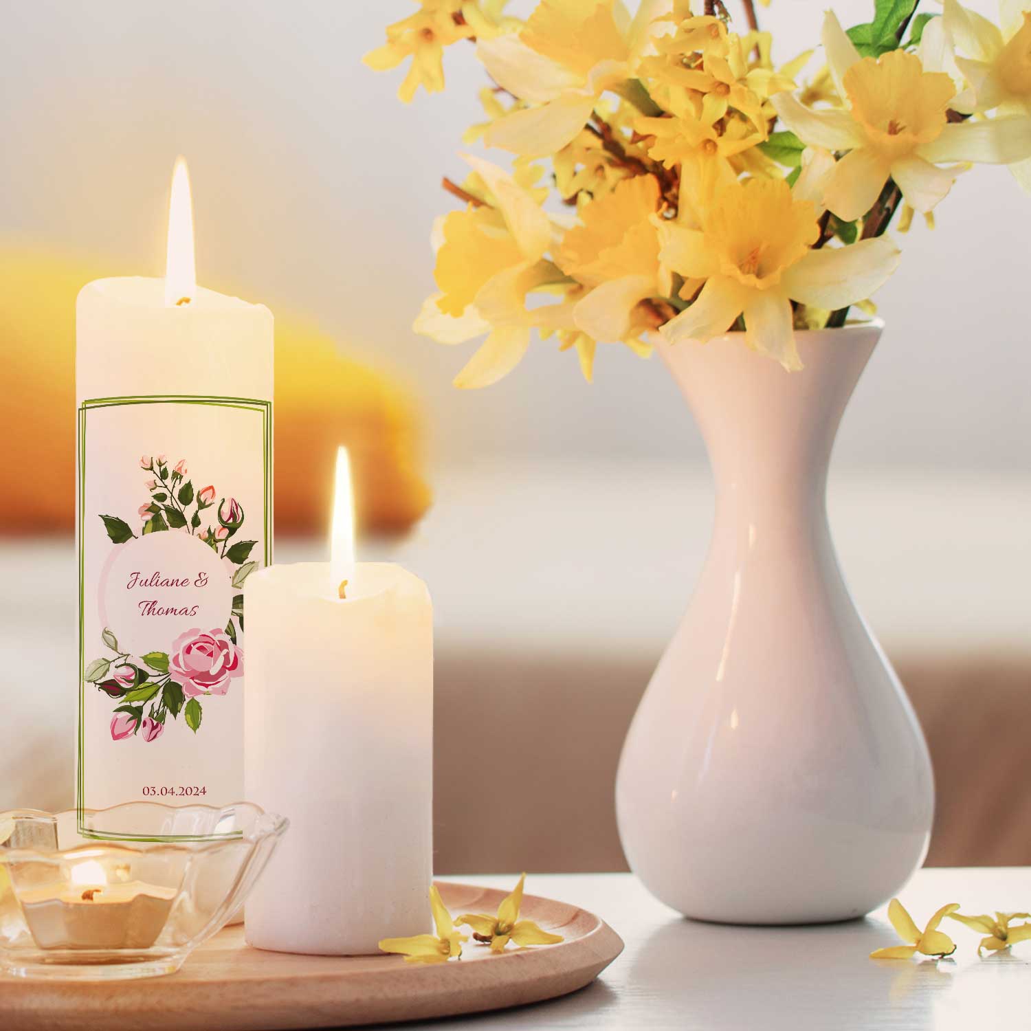 Große Kerze "Green Flower" - Hochzeitskerze mit Namen, Datum & Wunschtext
