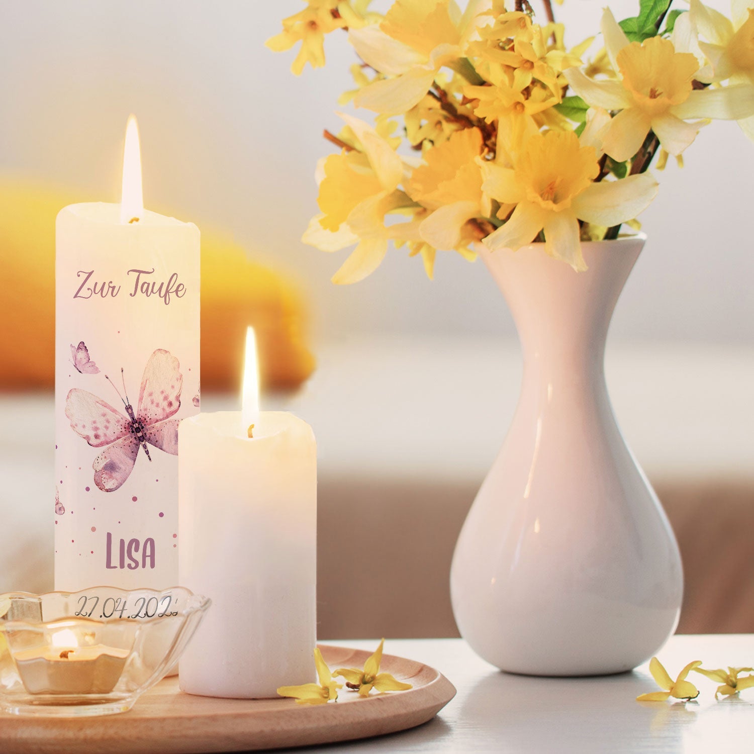 Große Kerze "Schmetterling V2" - Taufkerze mit Namen, Datum & Taufspruch