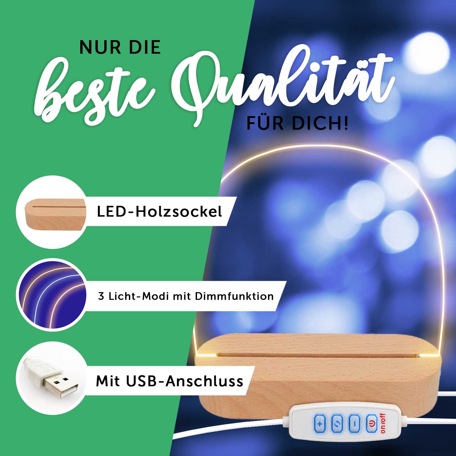 Kinder LED Nachtlicht mit Sockel aus Holz - "Tiergruppe Waldtiere"