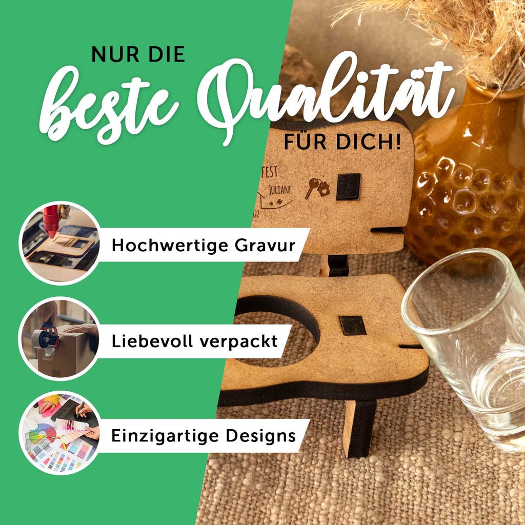 Gravierte Schnapsbank im Wedding Design mit Namen & Datum + 2 Schnapsgläser