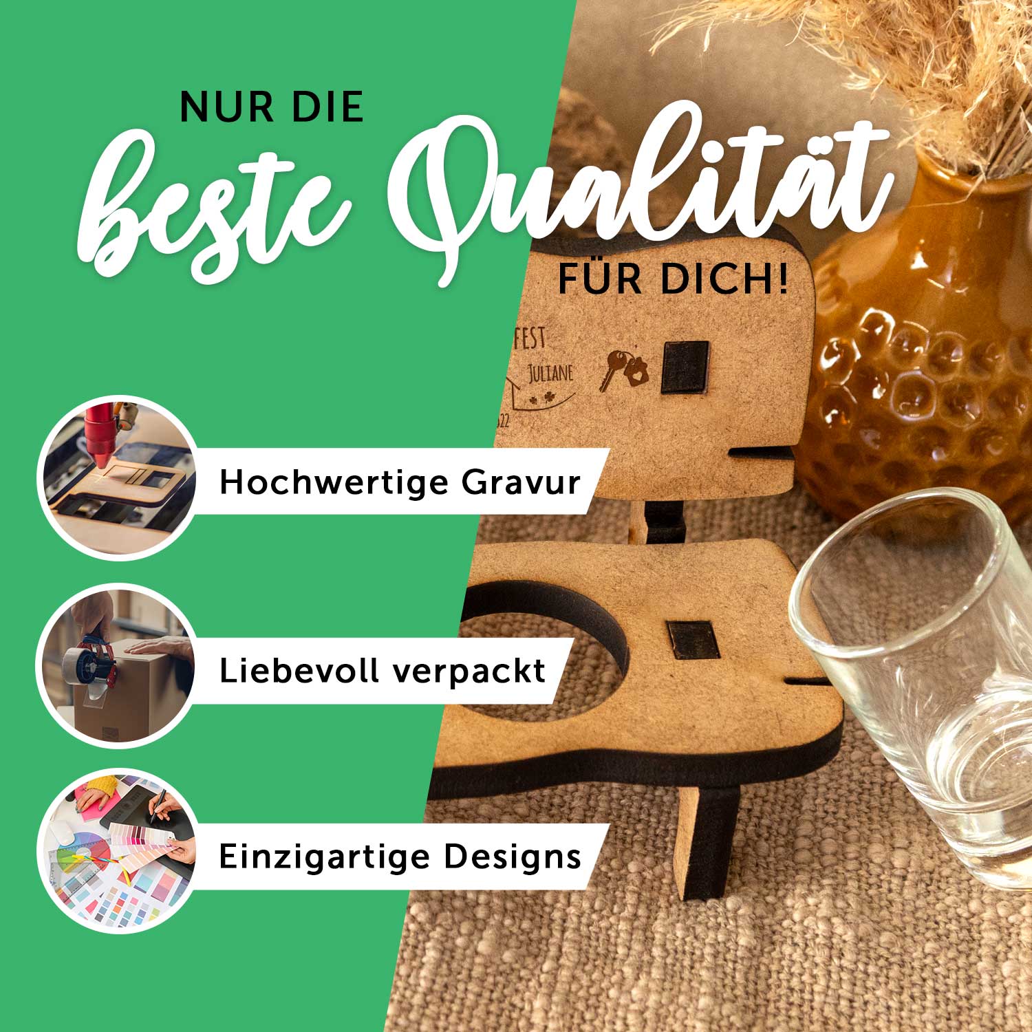Gravierte Schnapsbank im Hochzeiten Design mit Namen & Datum + 2 Schnaps