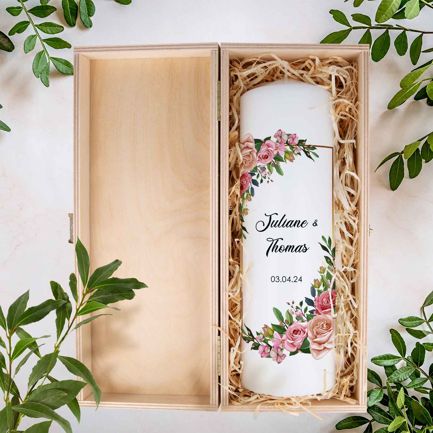 Große Kerze "Floral Golden" - Hochzeitskerze mit Namen, Datum & Wunschtext