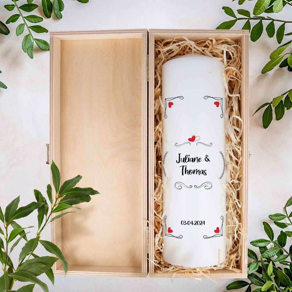 Große Kerze "Red Hearts" - Hochzeitskerze mit Namen, Datum & Wunschtext