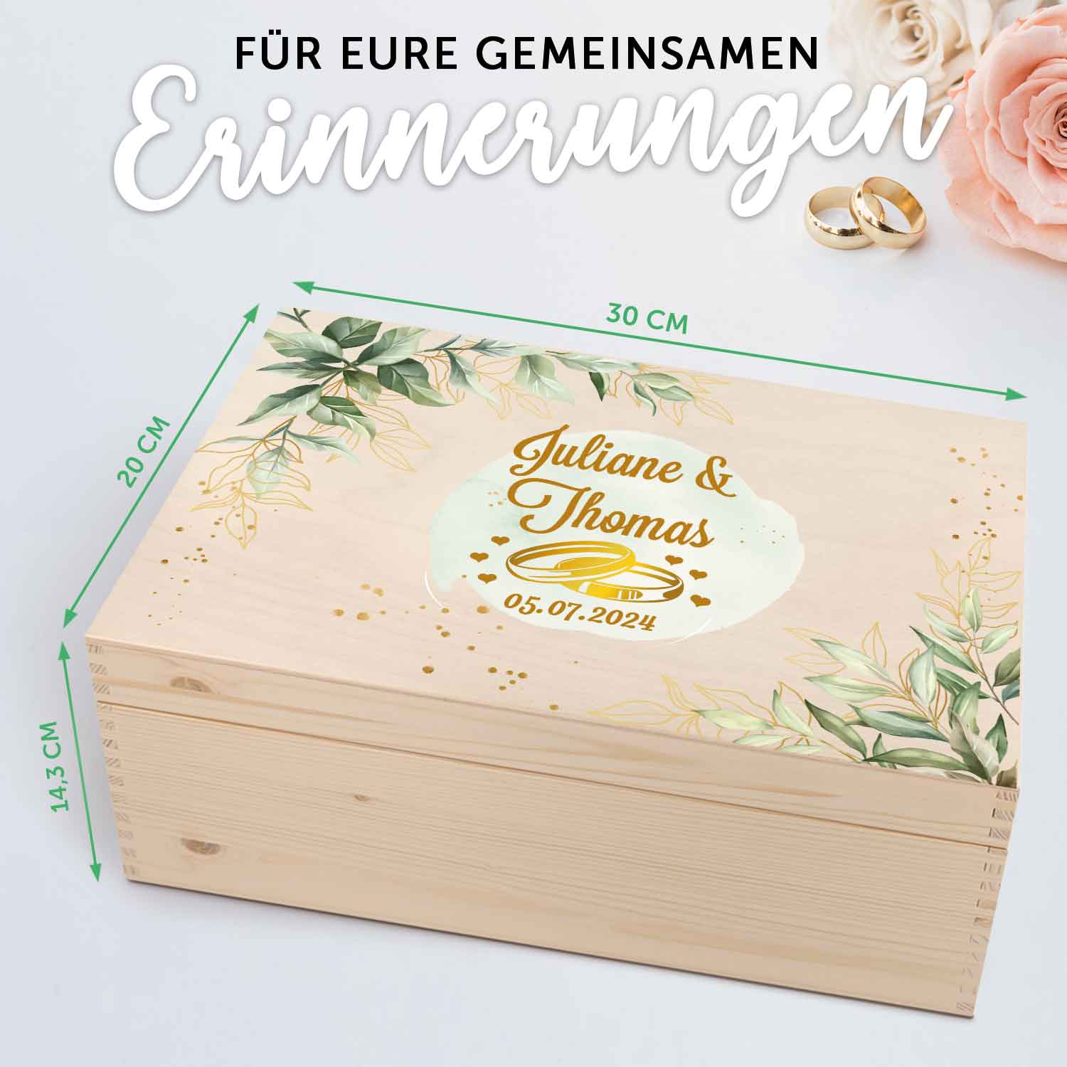 Erinnerungskiste mit UV-Druck im Golden Wedding Design - Personalisiertes Geschenk zur Hochzeit
