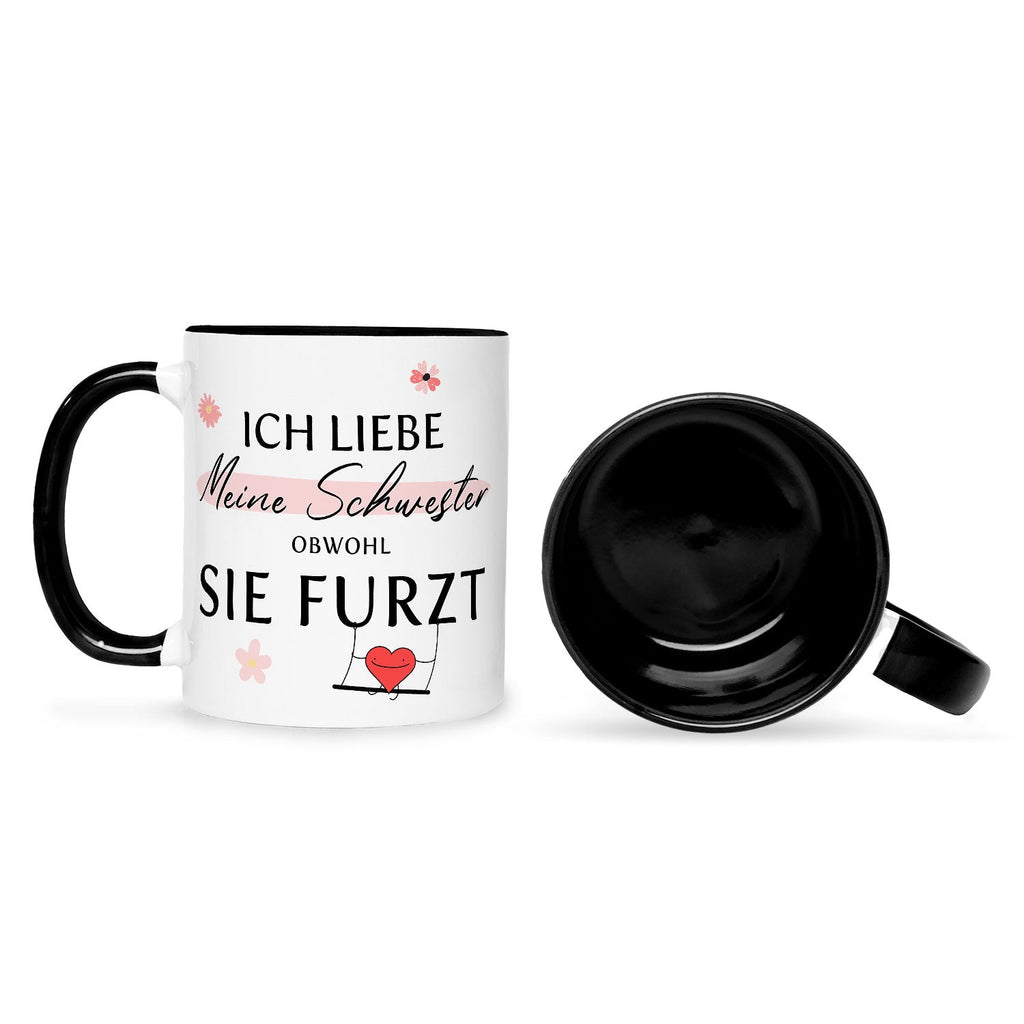 Bedruckte Tasse mit Spruch Ich liebe meine Schwester obwohl sie furzt