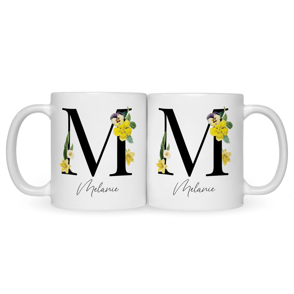 Bedruckte Tasse mit Personalisierung von Namen & Anfangsbuchstaben im Floral Design